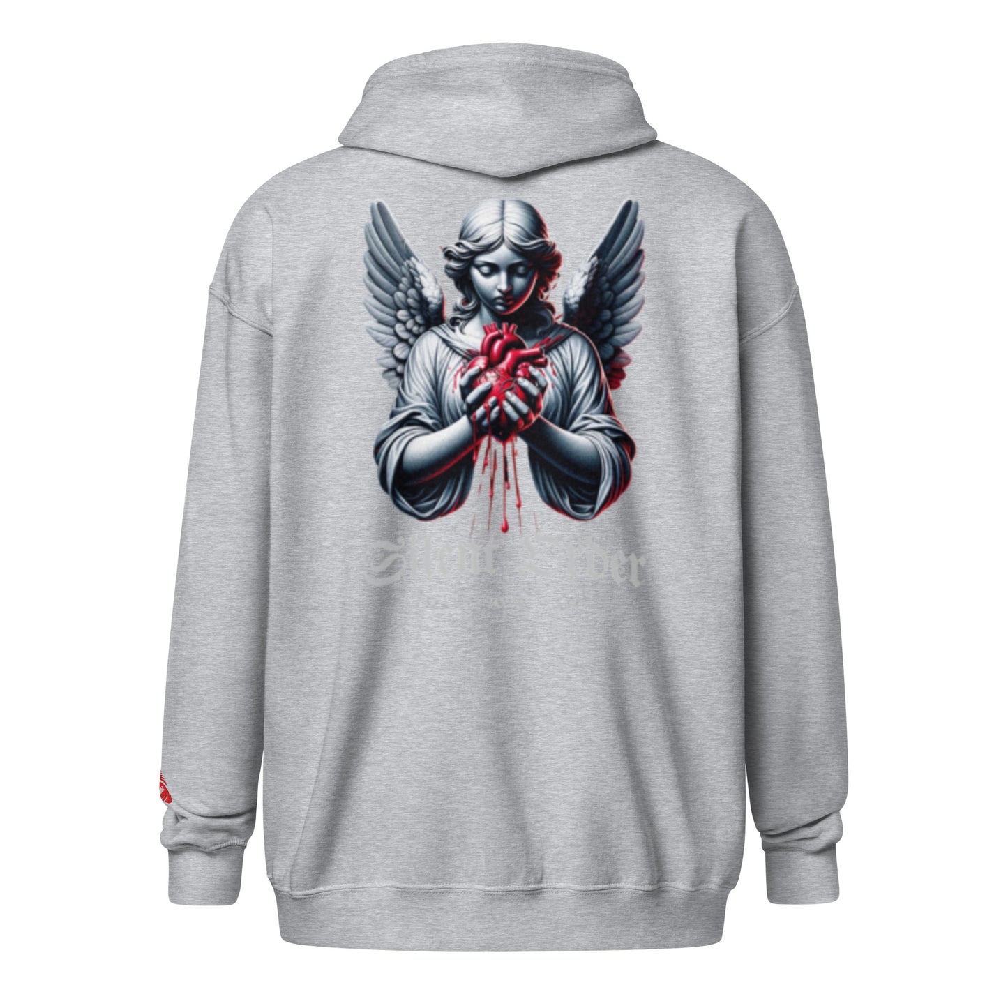 Gray hoodie with an angel holding a red heart design on the back against a white background