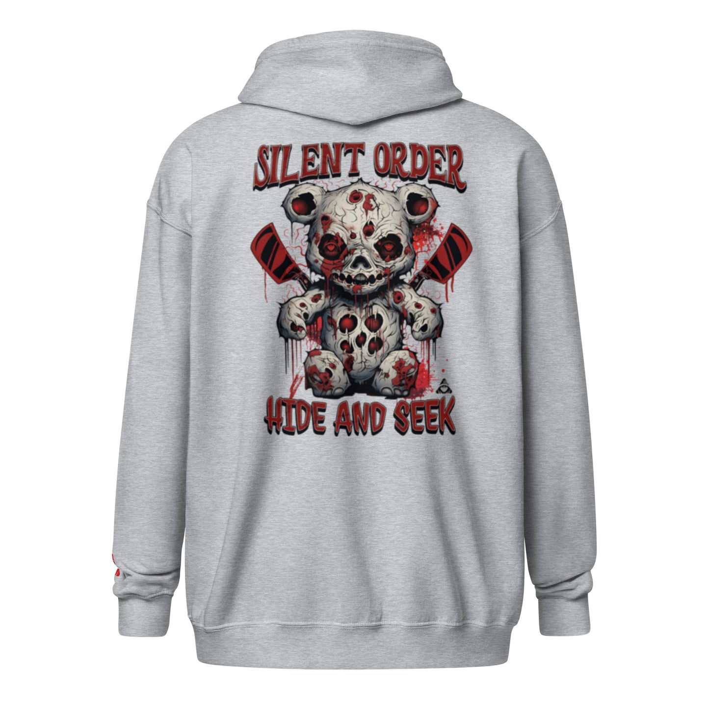 Gray hoodie with a graphic design of a bloody teddy bear and text on the back, on a white background.