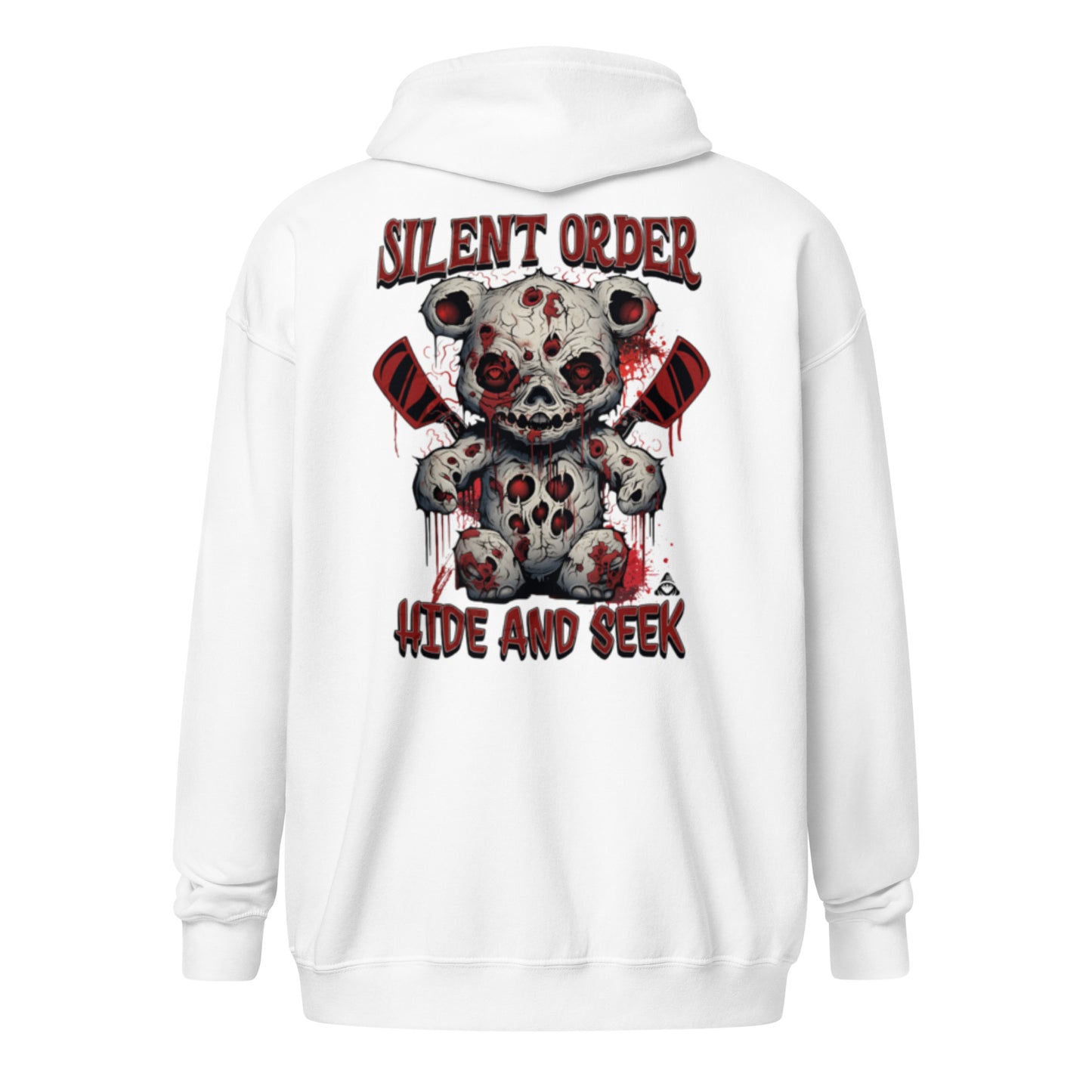 White hoodie with a graphic design of a bear and text on the back, on a white background.
