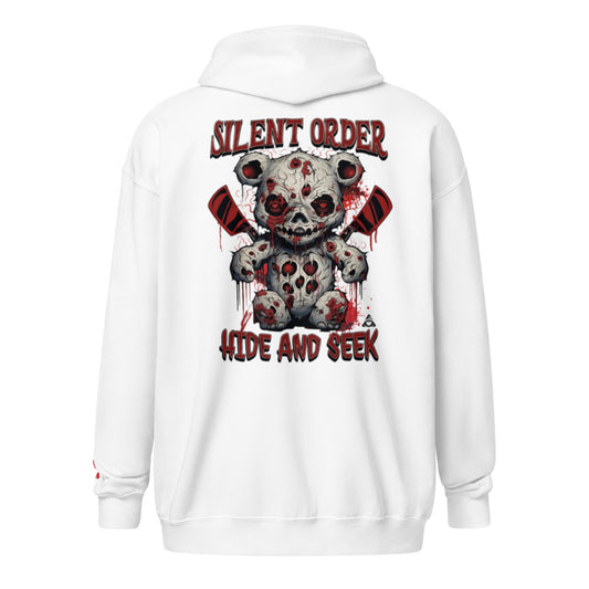 White hoodie with a graphic design of a teddy bear holding axes and text on the back, on a white background.