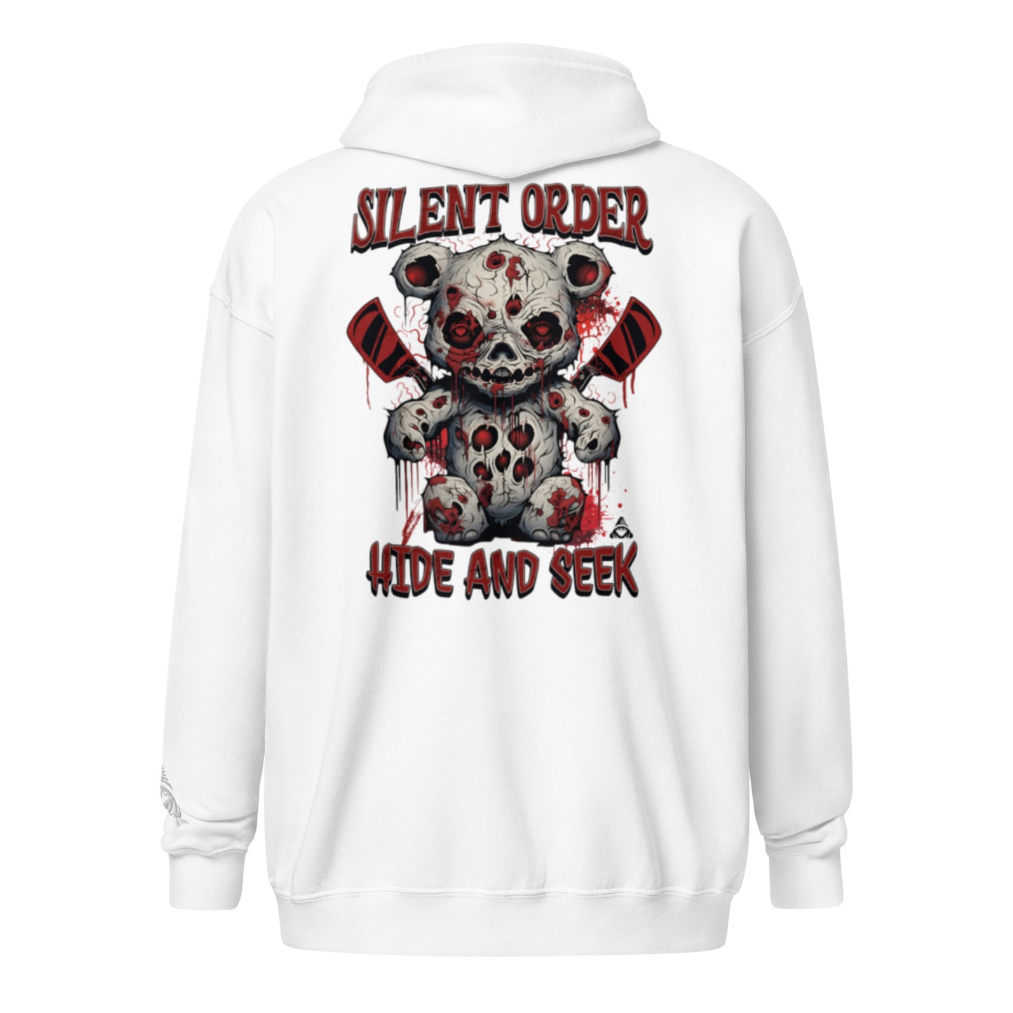 White hoodie with a graphic design of a teddy bear skull and text on the back, on a white background.