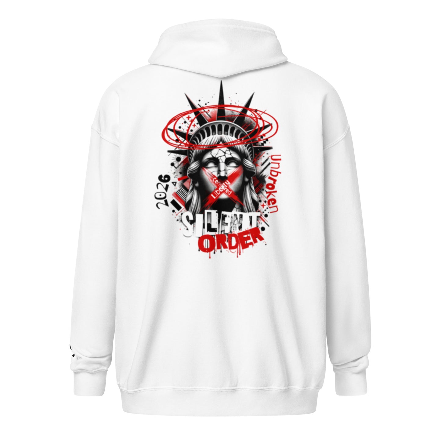 White hoodie with a graphic design on the back featuring a stylized face with horns and text.