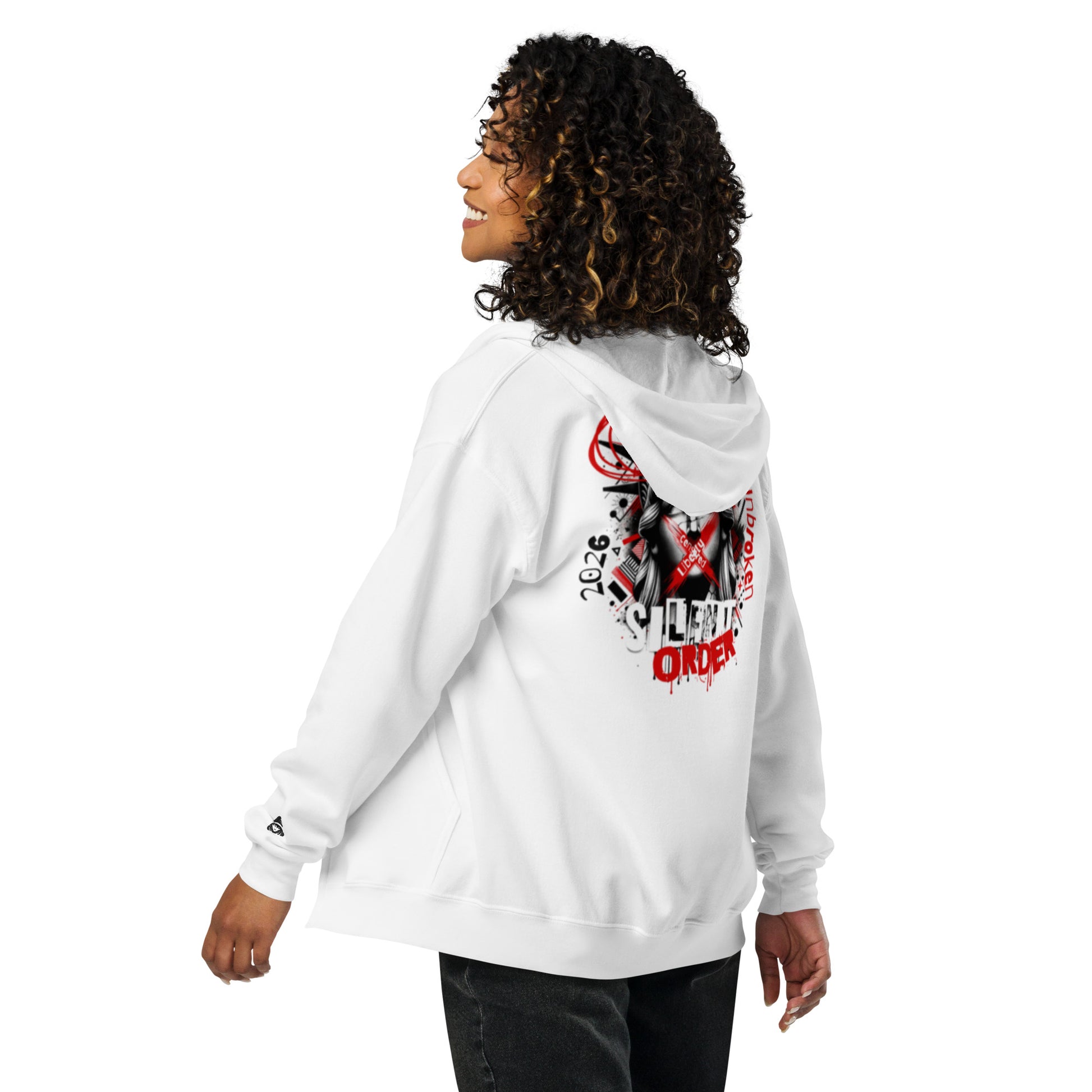 Person wearing a white hoodie with graphic design on the back against a white background