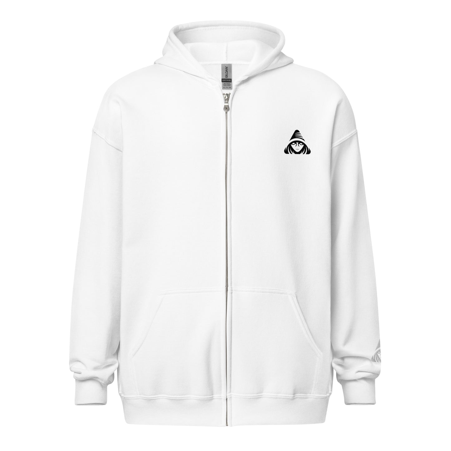 White hoodie with a small black logo on the chest against a white background