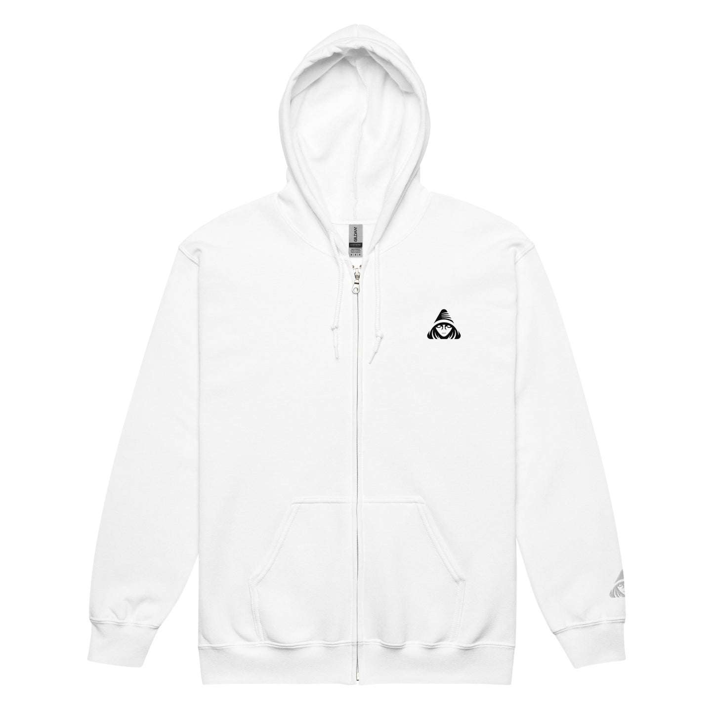 White hoodie with a small black logo on the chest against a white background