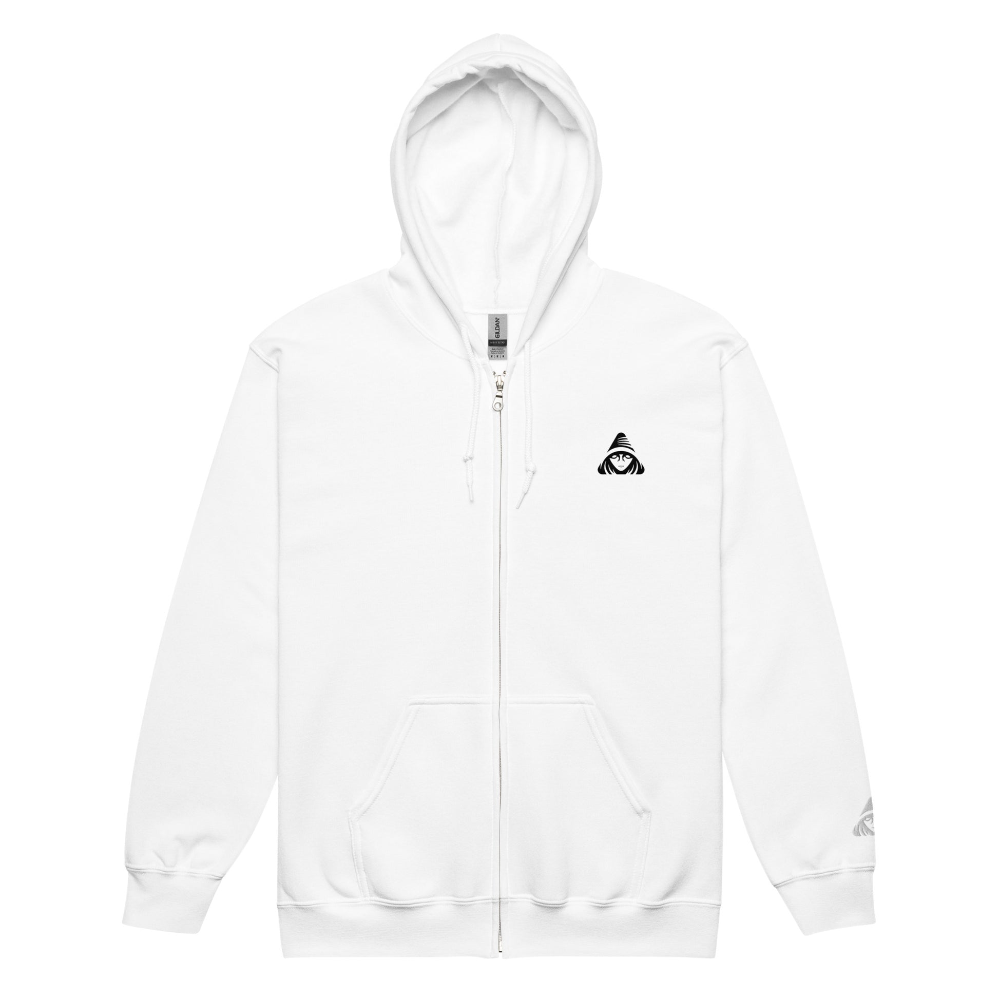 White hoodie with a small black logo on the chest against a white background