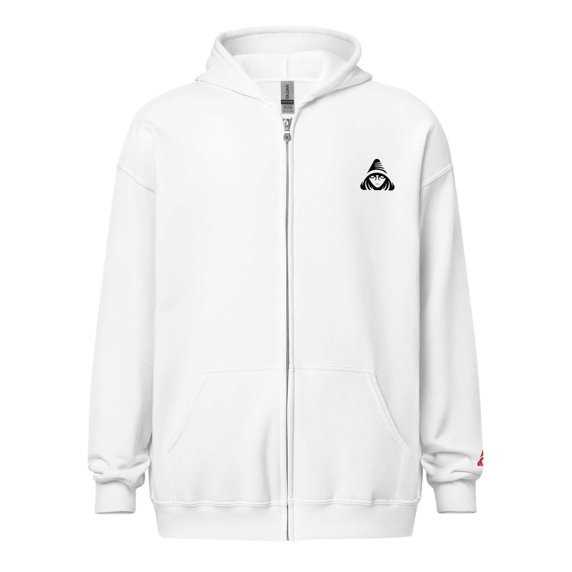 White hoodie with a logo on the chest against a white background