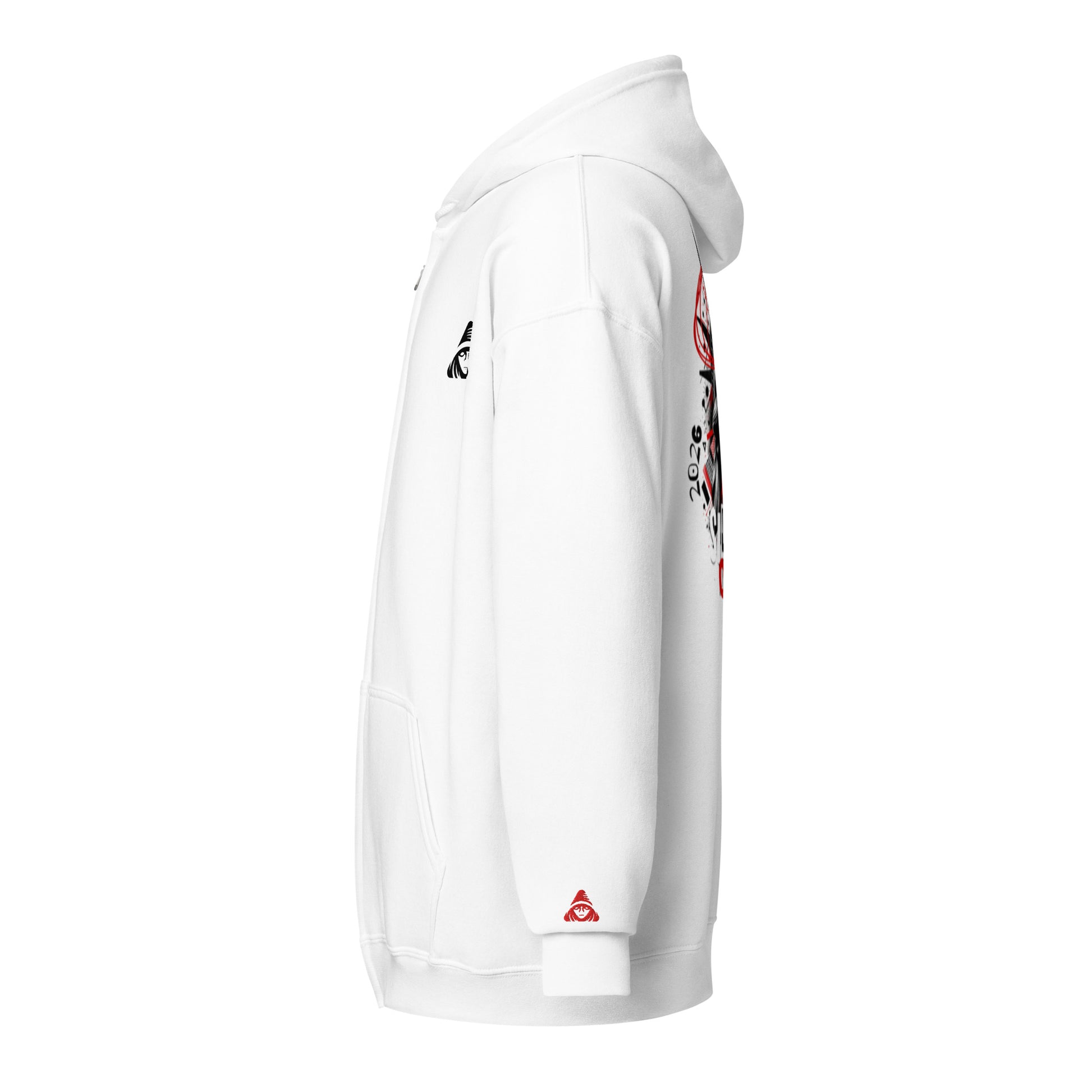 White hoodie with brand logos on a white background