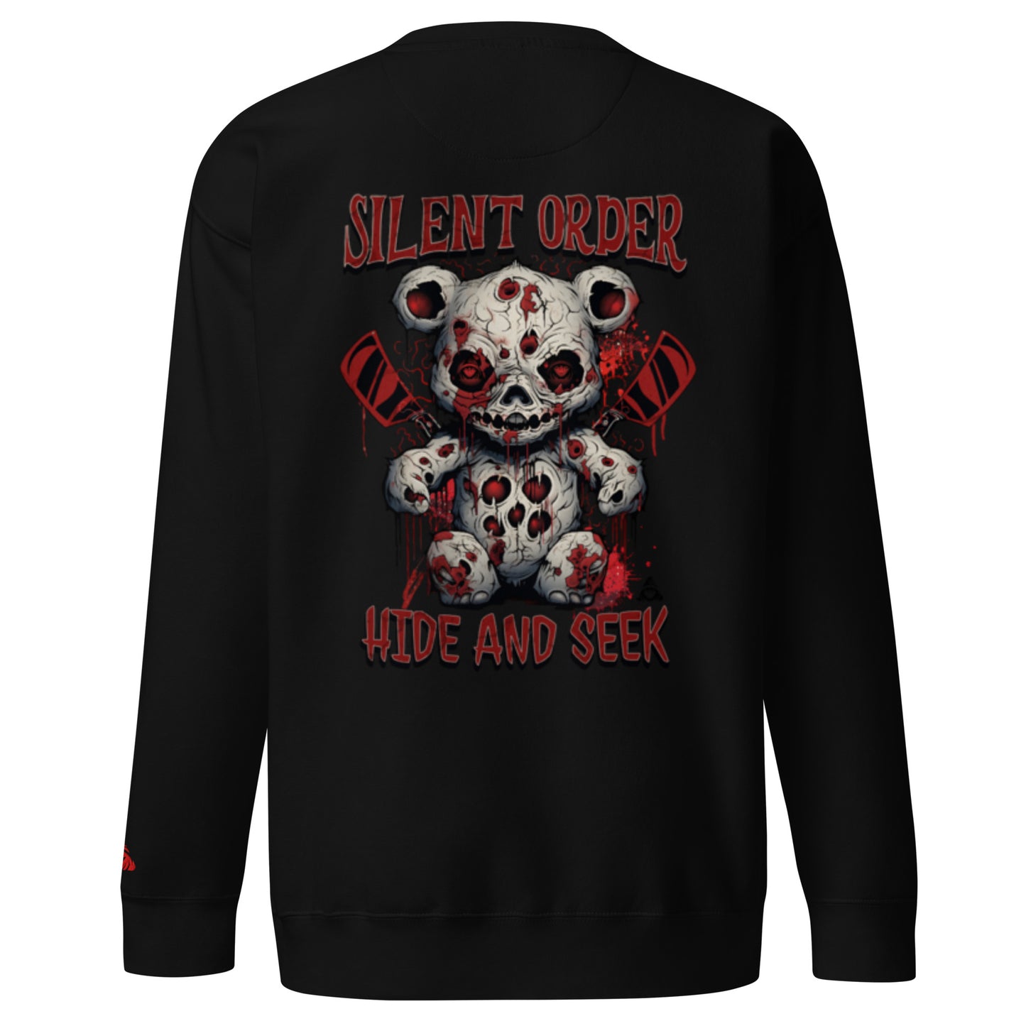 Black sweatshirt with a graphic design of a teddy bear skull and text 'Silent Order Hide and Seek' on the back.