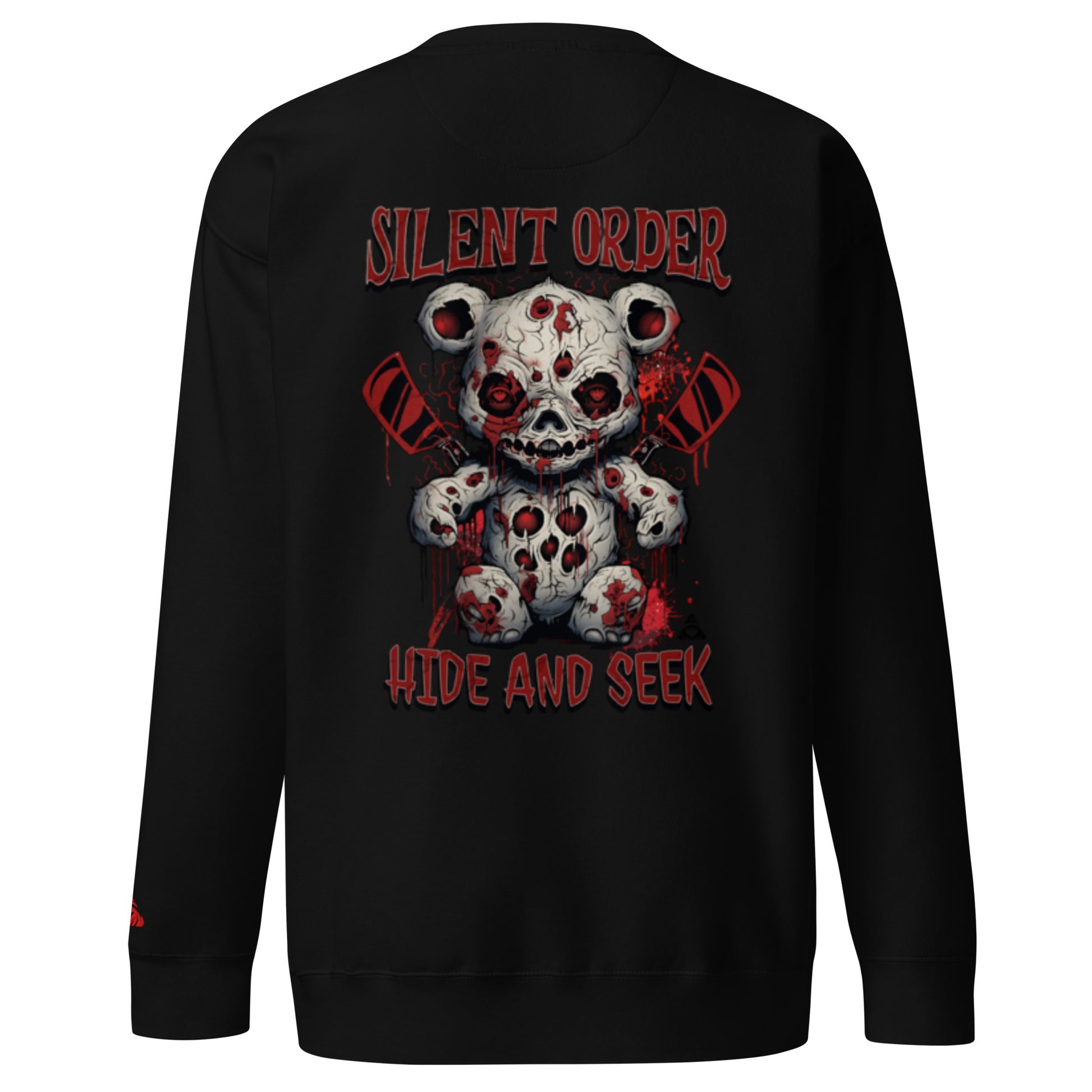 Black sweatshirt with a graphic design of a teddy bear skull and text 'Silent Order Hide and Seek' on the back.