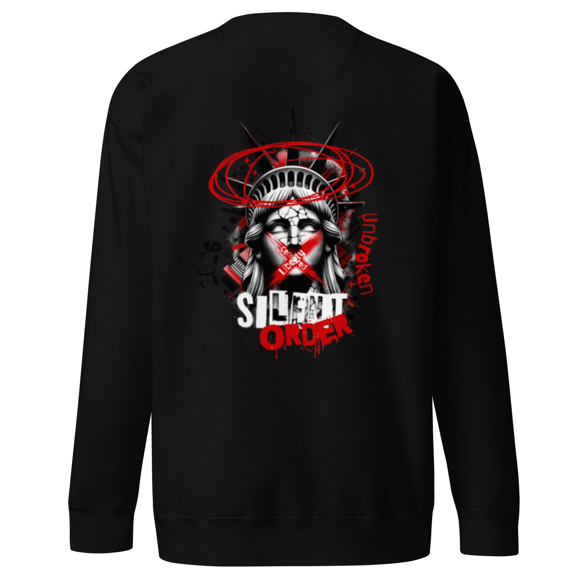 Black sweatshirt with a graphic design on the back featuring a stylized face with a red ribbon and text.