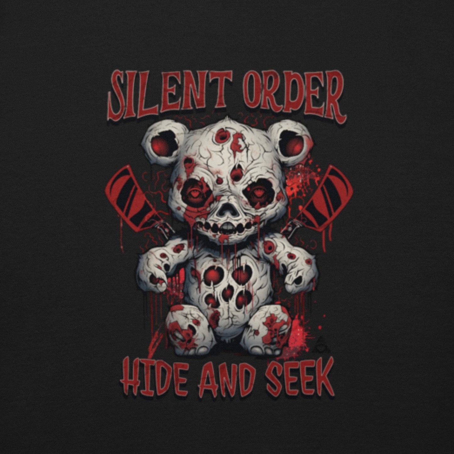Gore-themed teddy bear with 'Silent Order' text on a black background