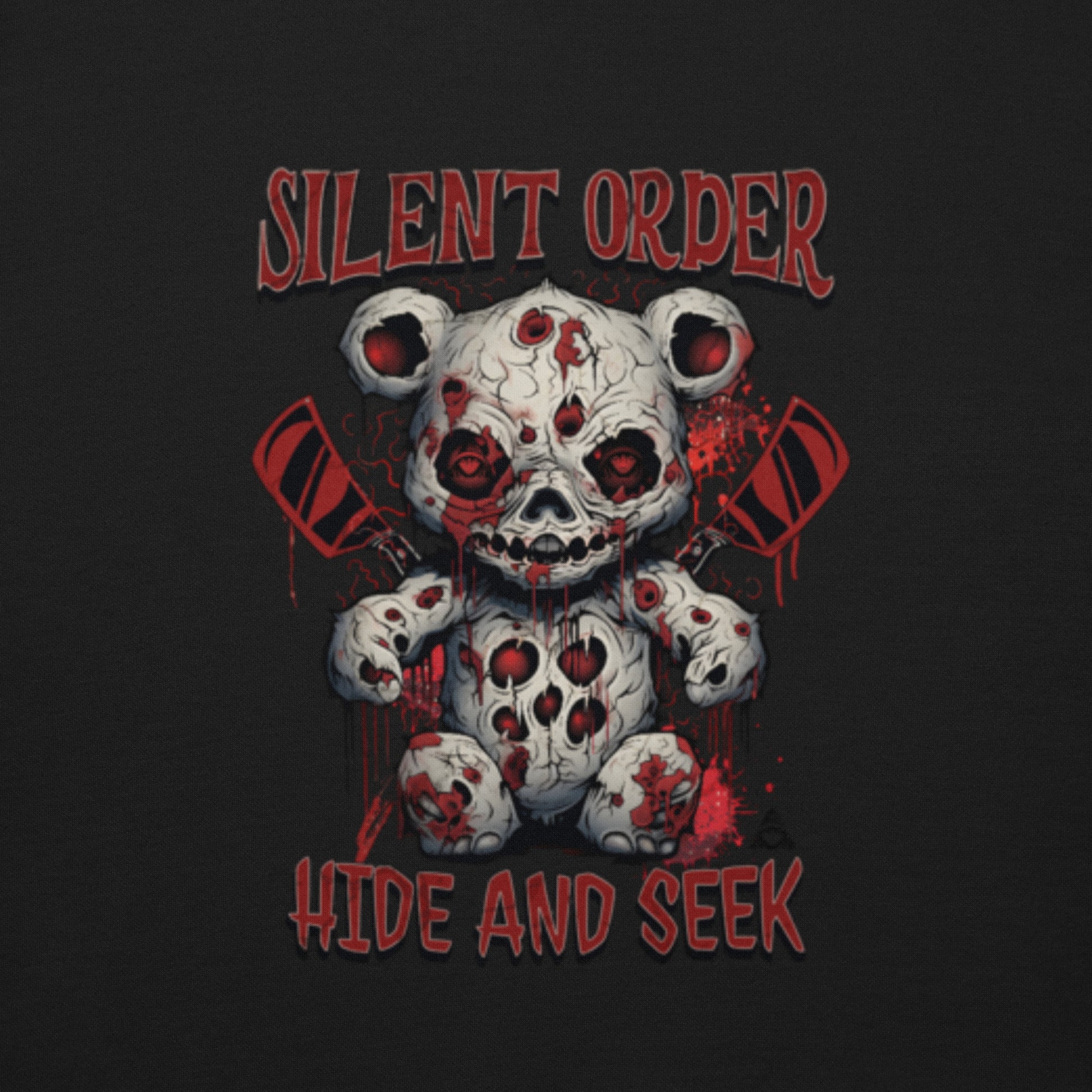 Gore-themed teddy bear with 'Silent Order' text on a black background