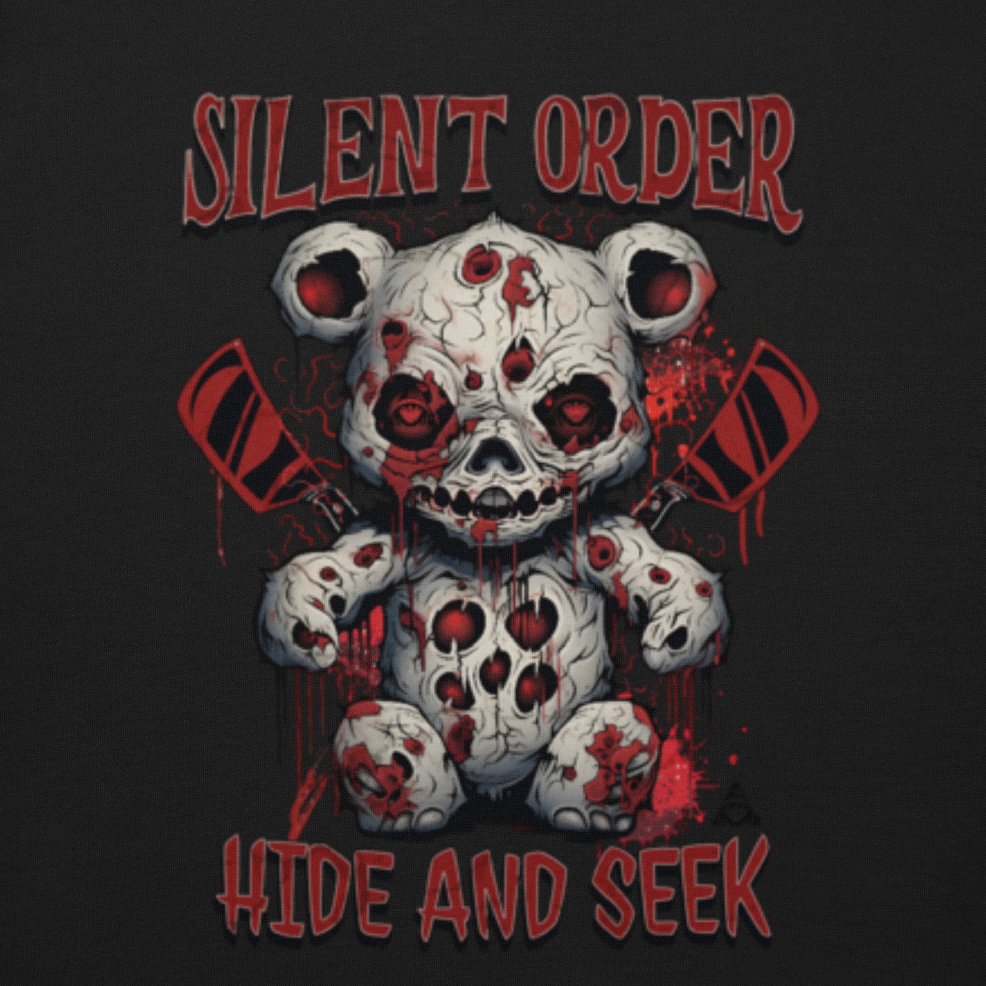 Gore-themed teddy bear with 'Silent Order' and 'Hide and Seek' text on a black background