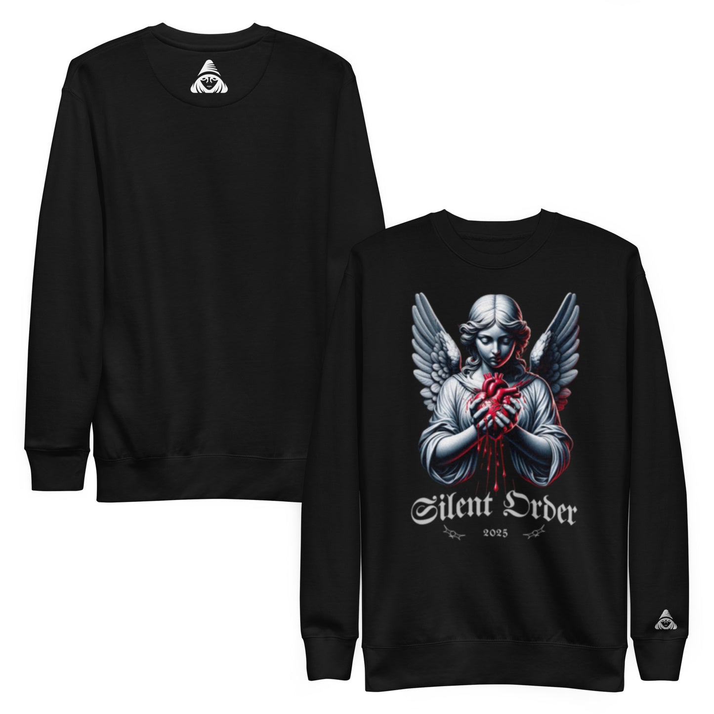 Black sweatshirt with 'Silent Order' design on a white background