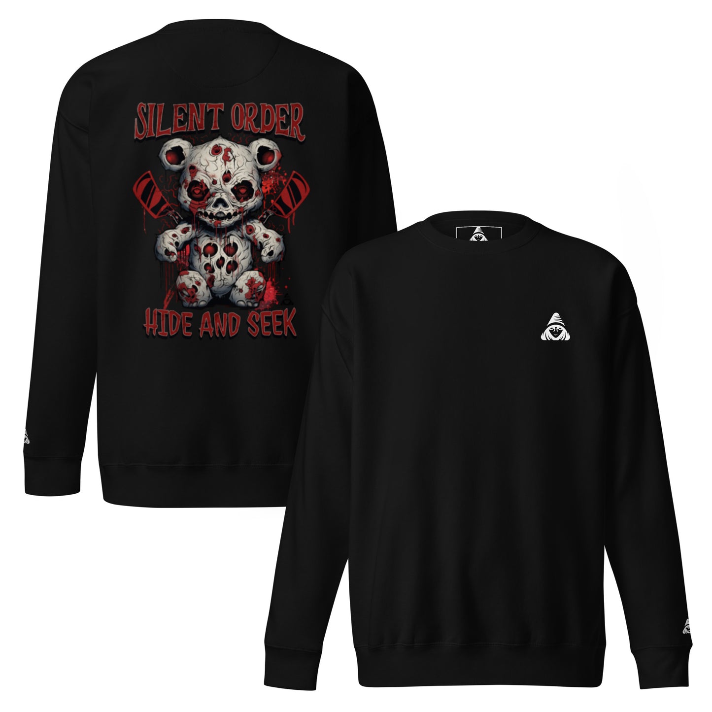 Black sweatshirt with graphic design on the back and logo on the chest, displayed on a white background.