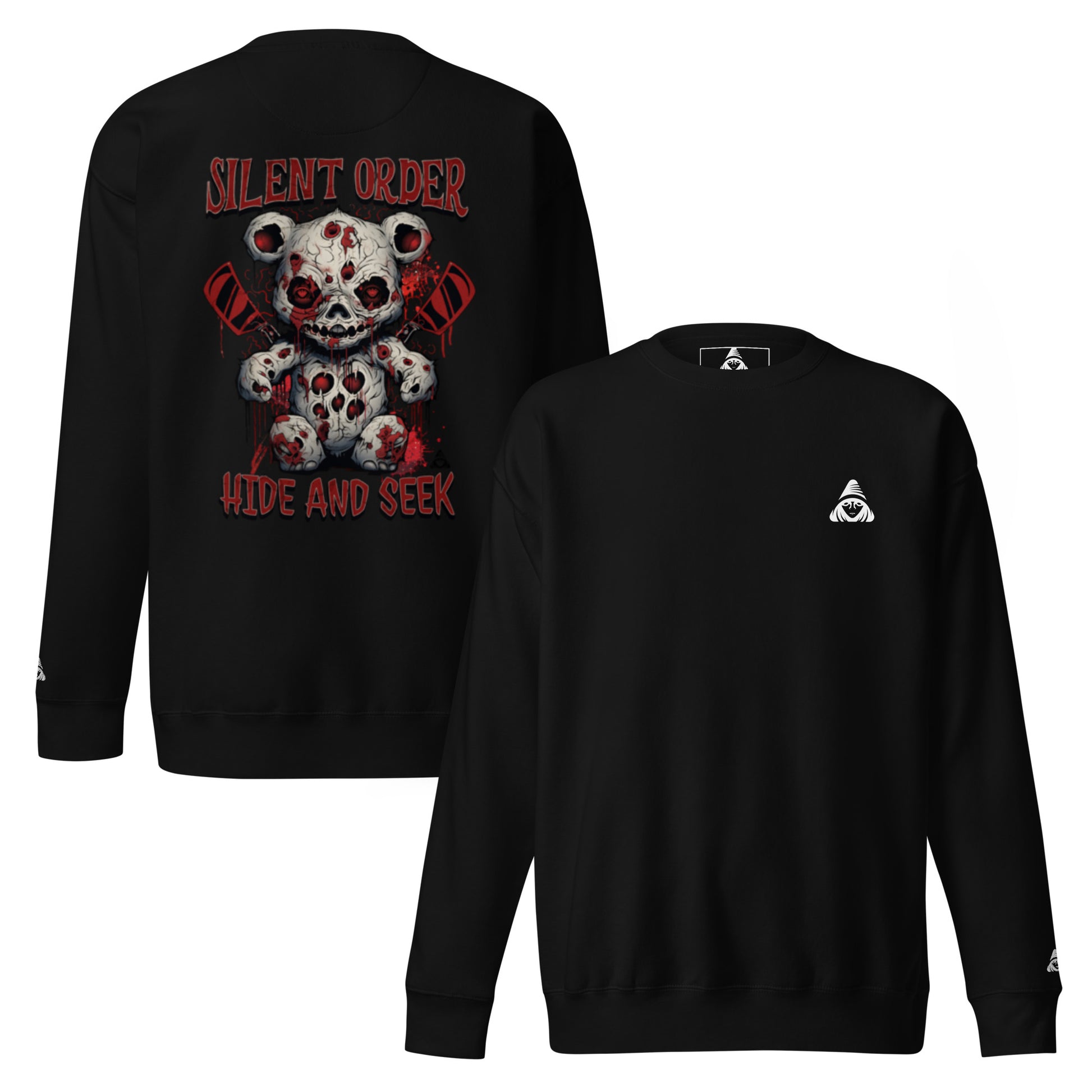 Black sweatshirt with graphic design on the back and logo on the chest, displayed on a white background.