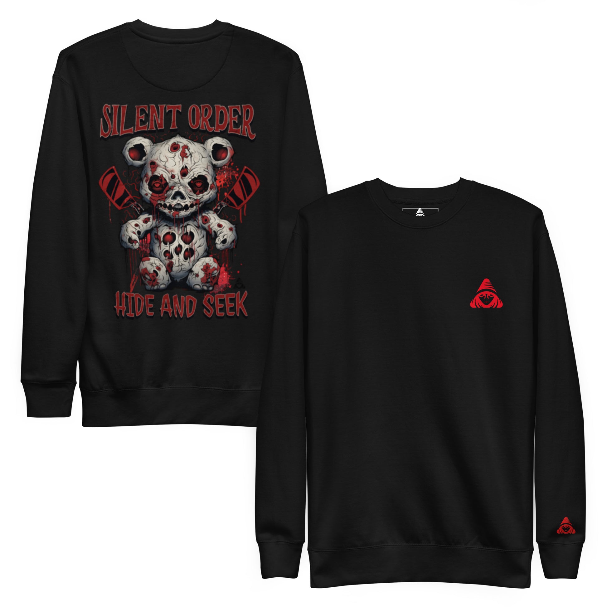 Black sweatshirt with graphic design and red logo on a white background