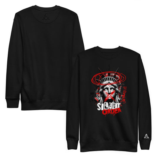Black sweatshirt with graphic design on front, displayed from front and back views.