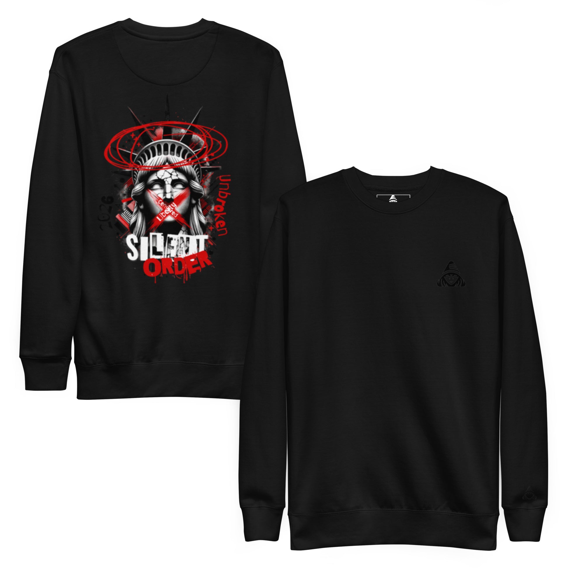 Black sweatshirt with graphic design on a white background