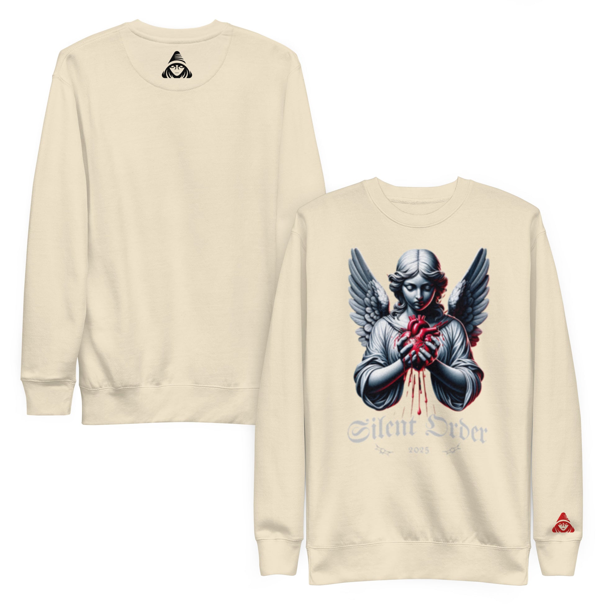 Beige sweatshirt with an angel design and 'Silent Order' text on a white background