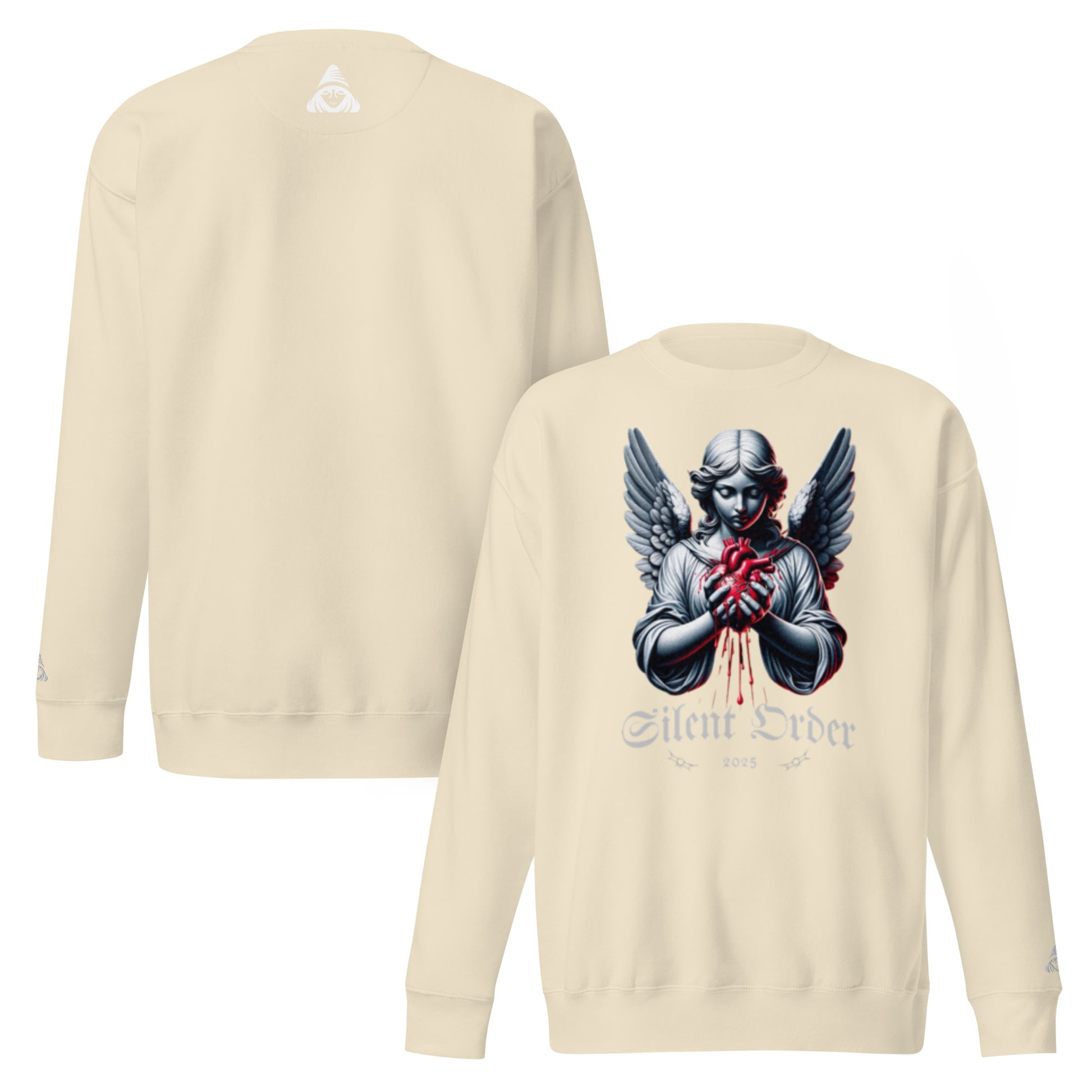 Beige sweatshirt with angelic design on the front and back, featuring a logo on the back.