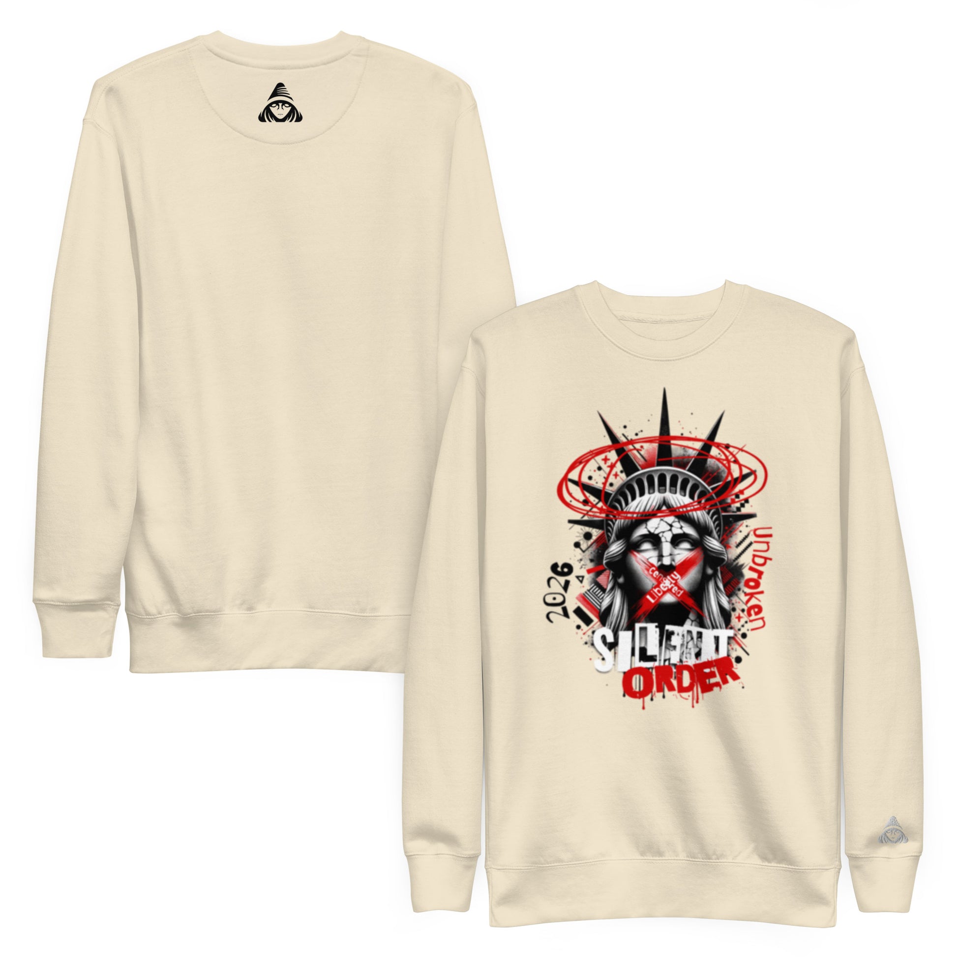 Beige sweatshirt with a graphic design of a stylized statue of liberty and text on the front, displayed on a white background.