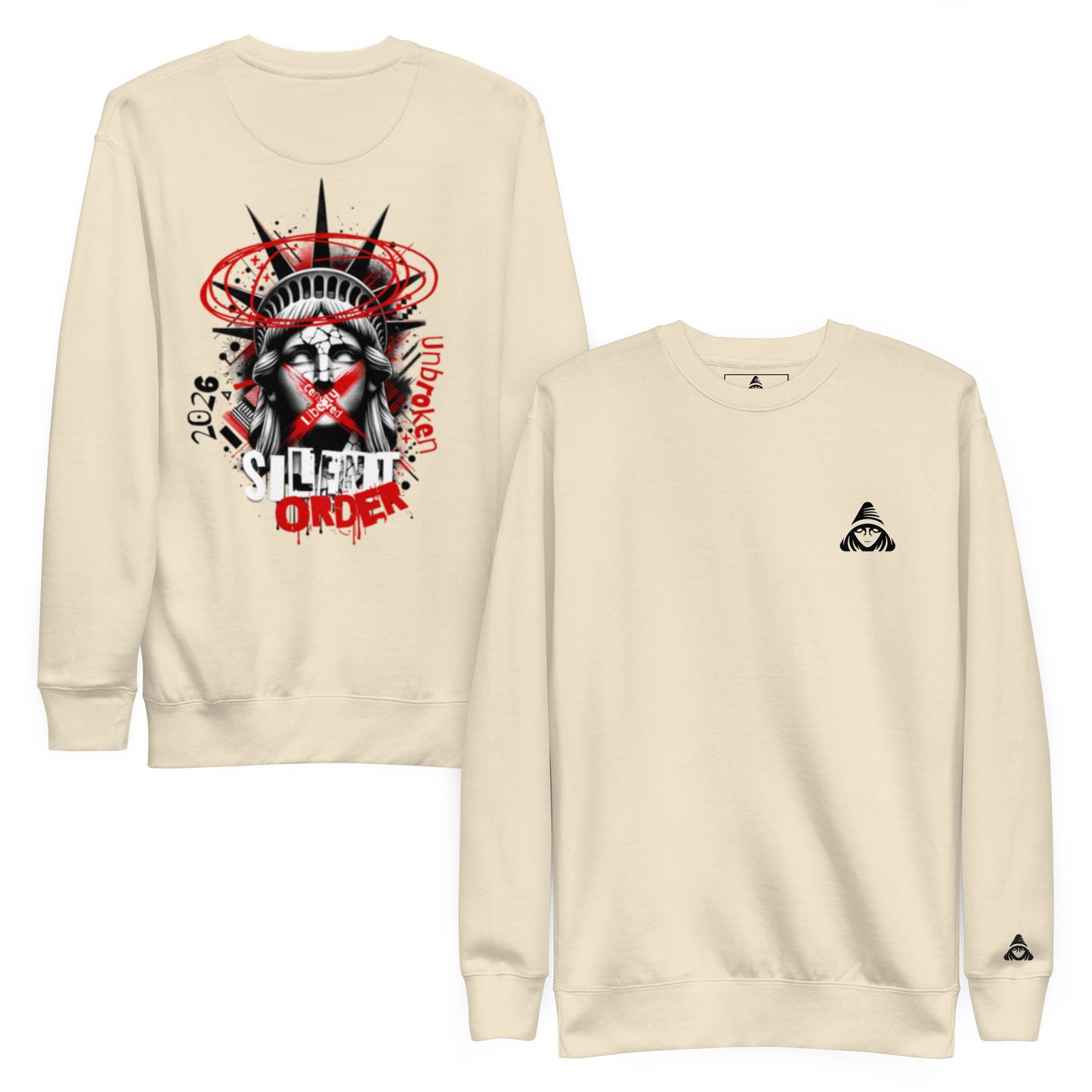 Two beige sweatshirts with graphic designs on a white background
