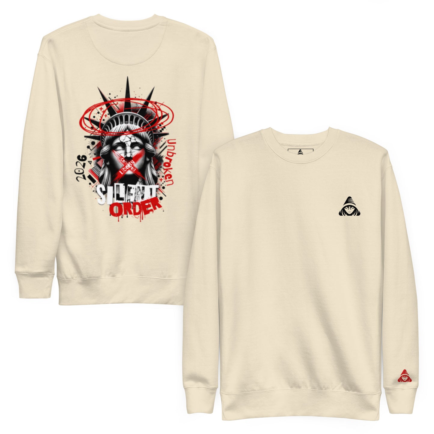 Beige sweatshirt with graphic design and brand logo on a white background