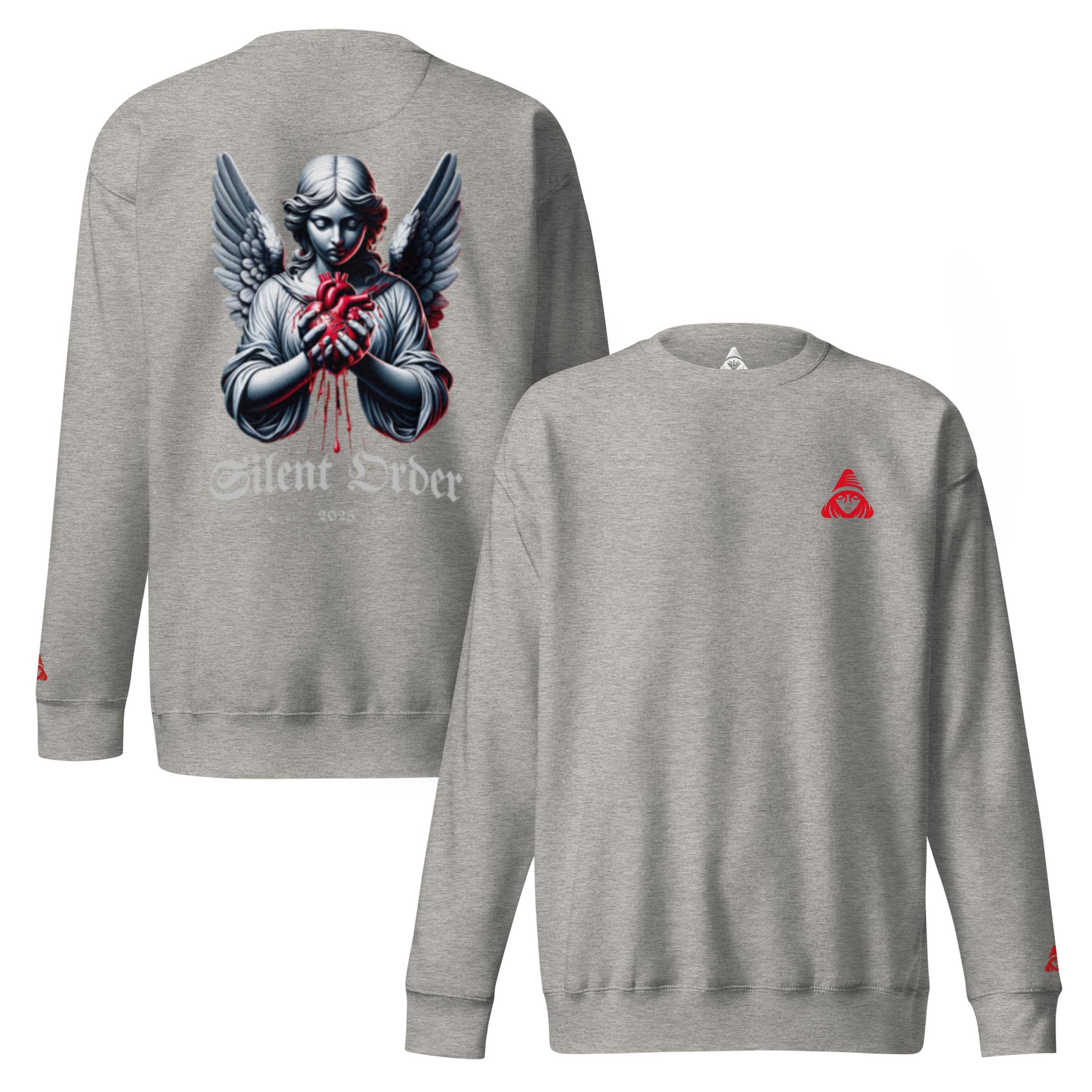 Gray sweatshirt with angel graphic on the back and red logo on the chest, displayed on a white background.