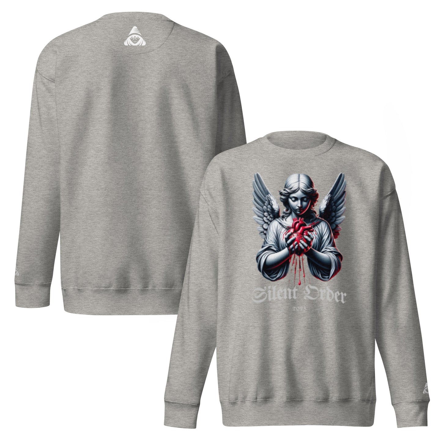 Gray sweatshirt with angel design and 'Silent Order' text on a white background