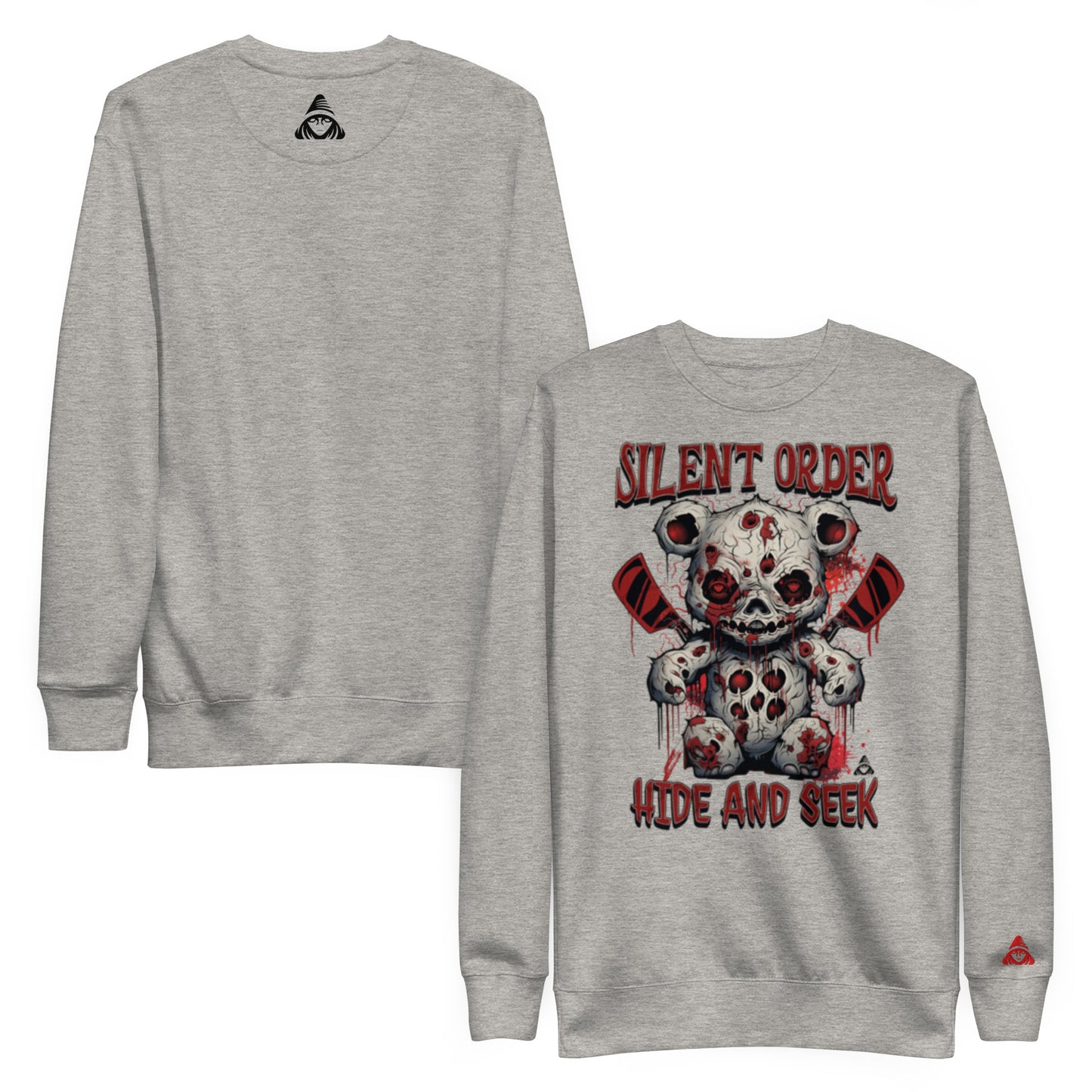 Gray sweatshirt with a graphic design of a teddy bear with a skull face and text 'Silent Order Hide and Seek'.