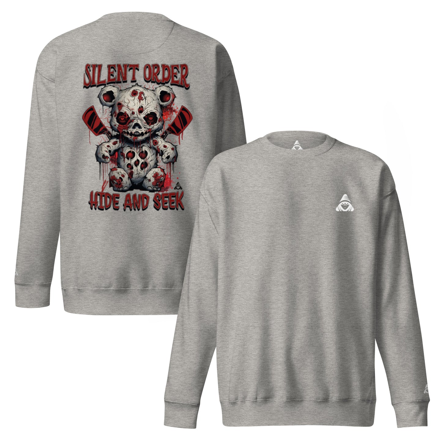 Gray sweatshirt with a graphic design on the back and a logo on the chest, displayed on a white background.