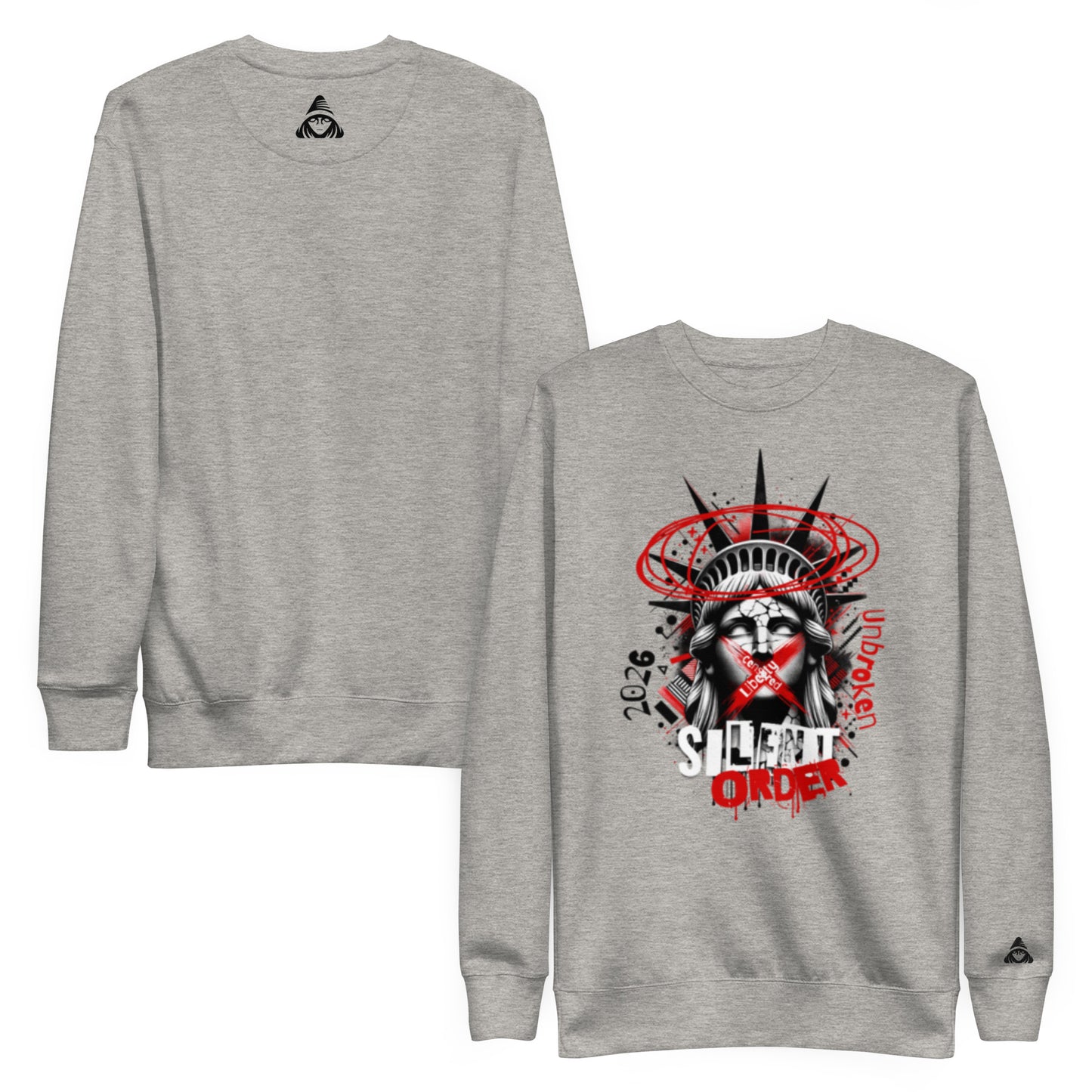 Gray sweatshirt with a graphic design of the Statue of Liberty and text on a white background