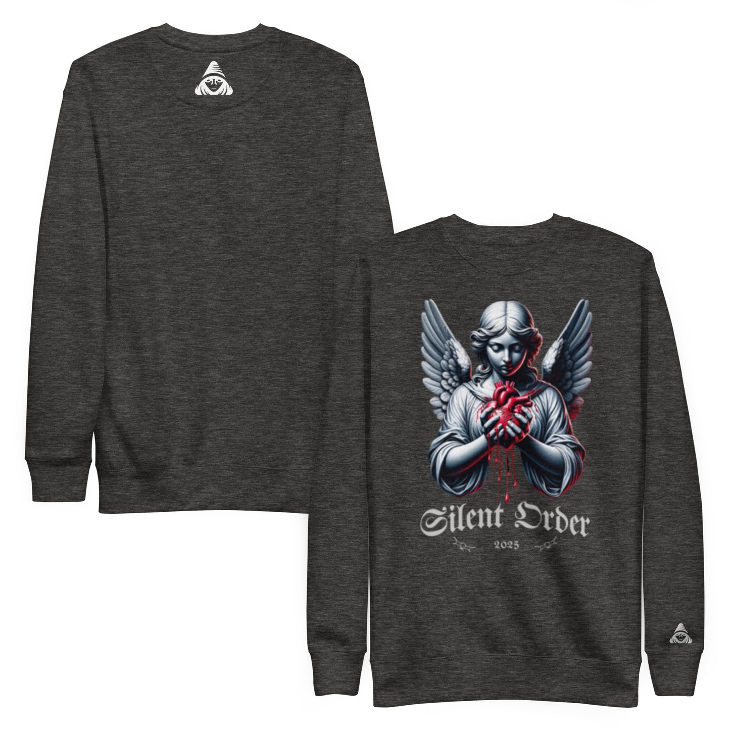 Dark gray long-sleeve shirt with an angel graphic and 'Silent Order' text on a white background