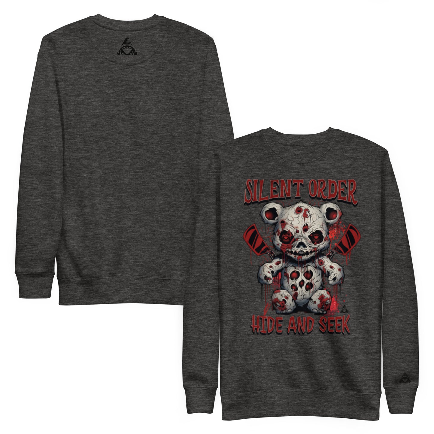 Gray long-sleeve shirt with a bear and text design on the back, displayed on a white background.