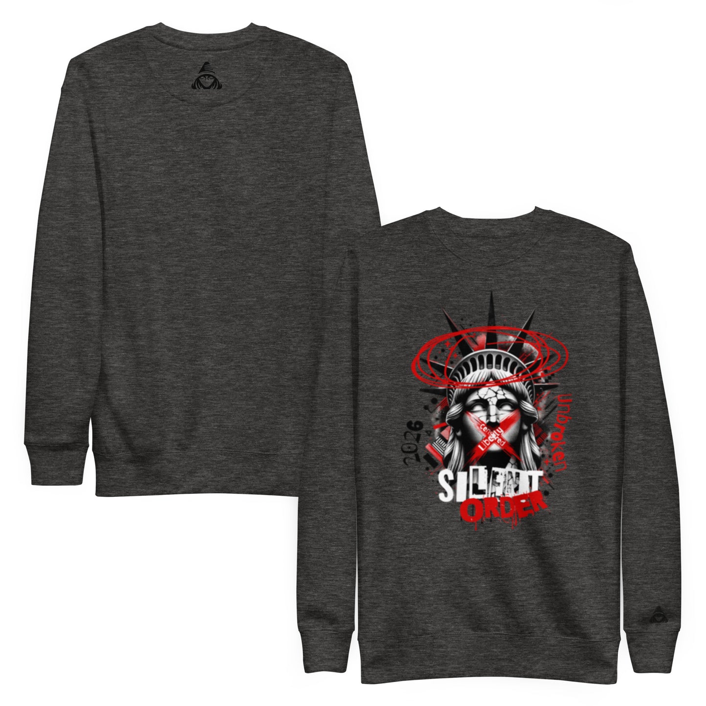 Dark gray long-sleeve shirt with a graphic design on the front and back, featuring the Statue of Liberty and text.