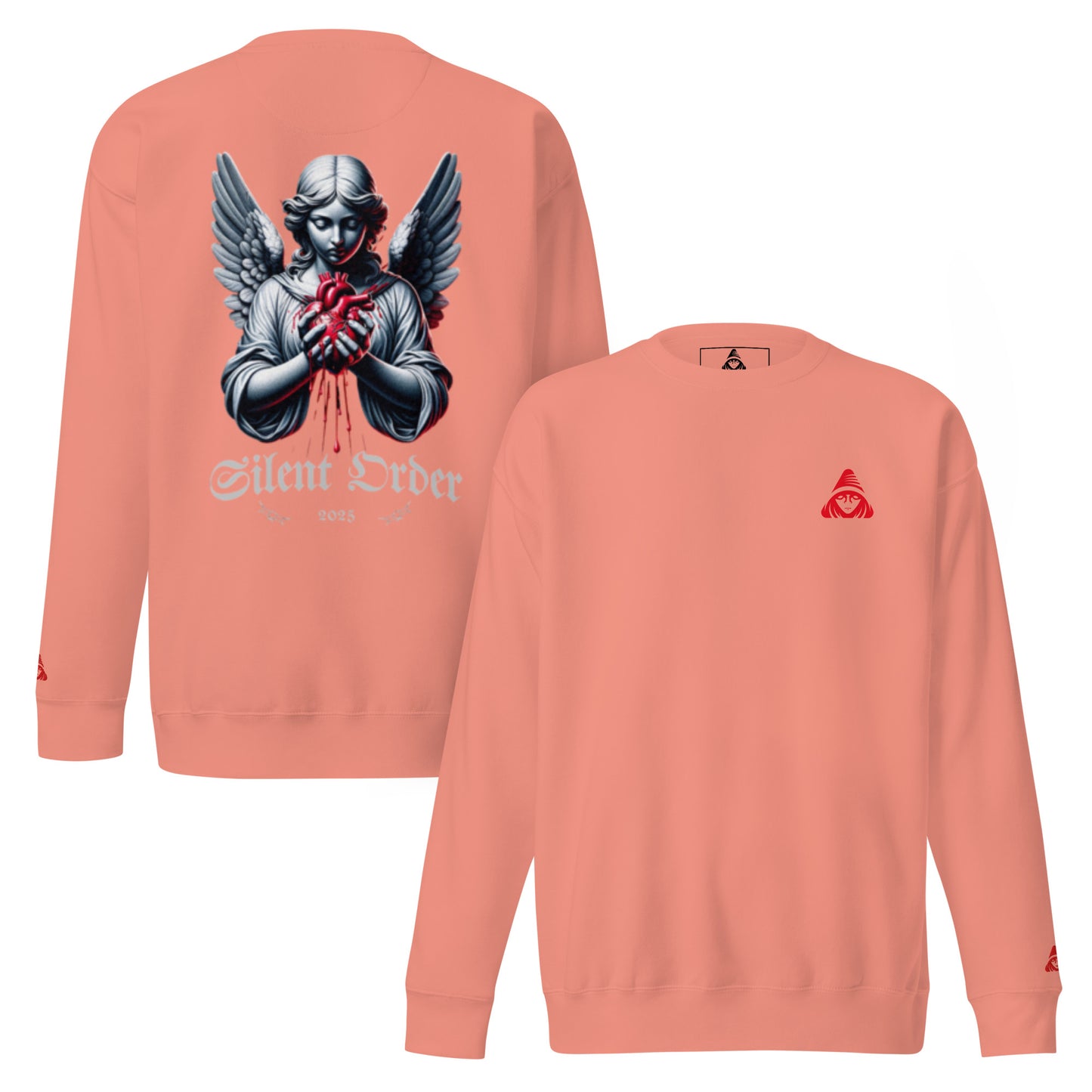 Peach long-sleeve shirt with angel graphic on the back and brand logo on the sleeve, on a white background.
