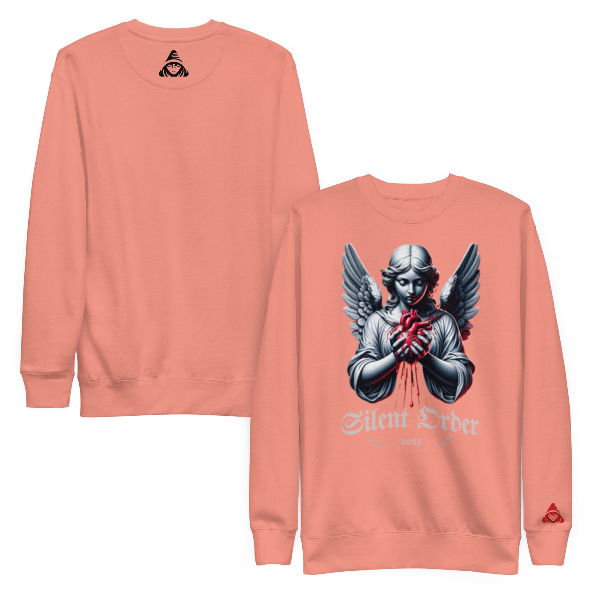 Coral sweatshirt with an angel graphic and 'Silent Order' text on a white background