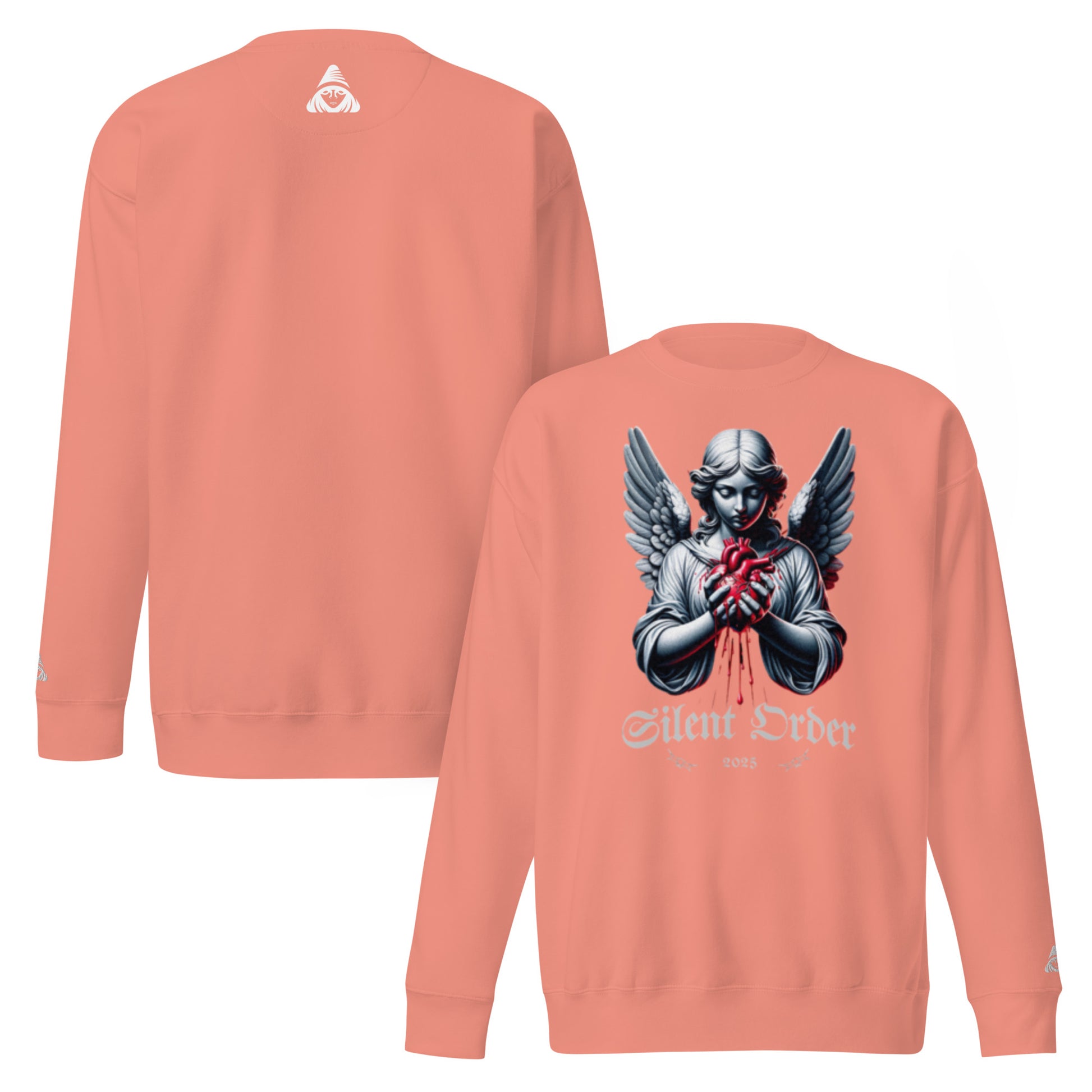 Peach long-sleeve shirt with angel and heart design on front, brand logo on back