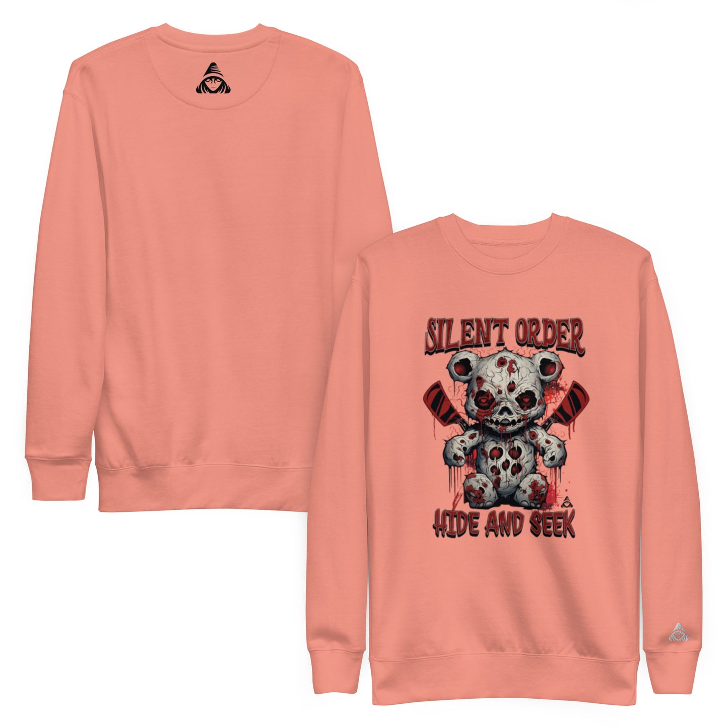 Coral sweatshirt with graphic design and text on a white background
