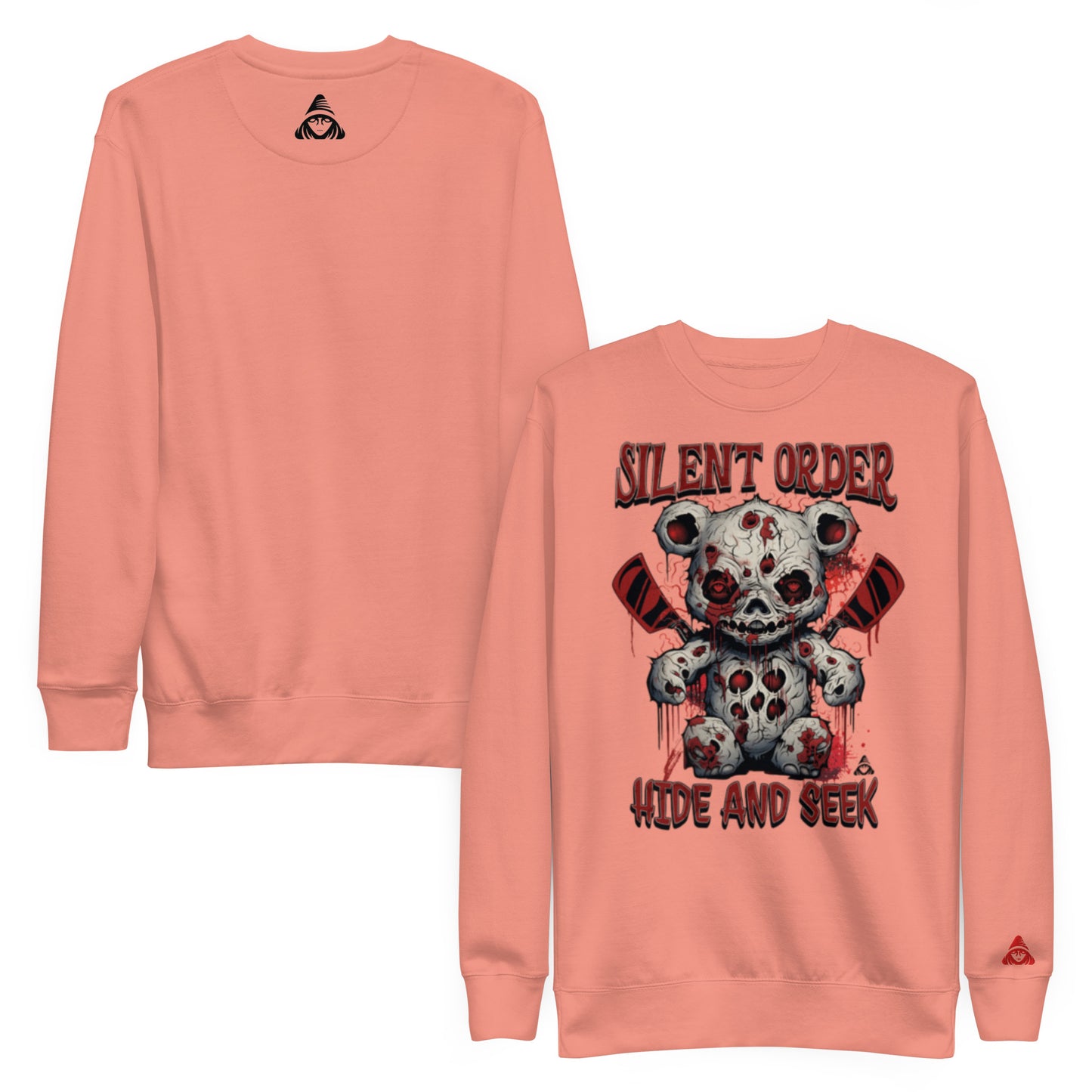 Peach sweatshirt with a graphic design of a teddy bear skull and text 'Silent Order Hide and Seek' on a white background.