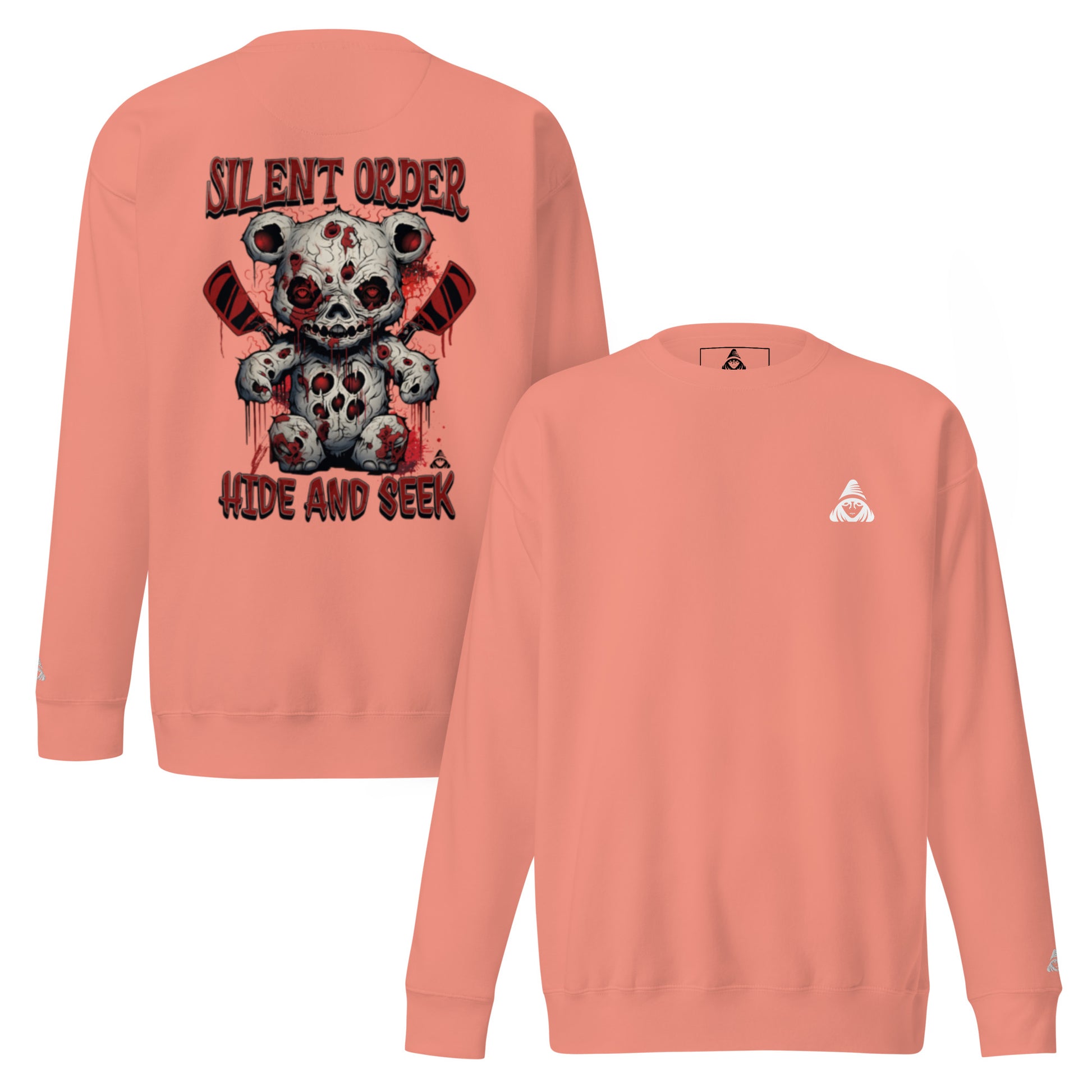 Peach long-sleeve shirt with graphic design on the front and back, featuring a bear skull and text.