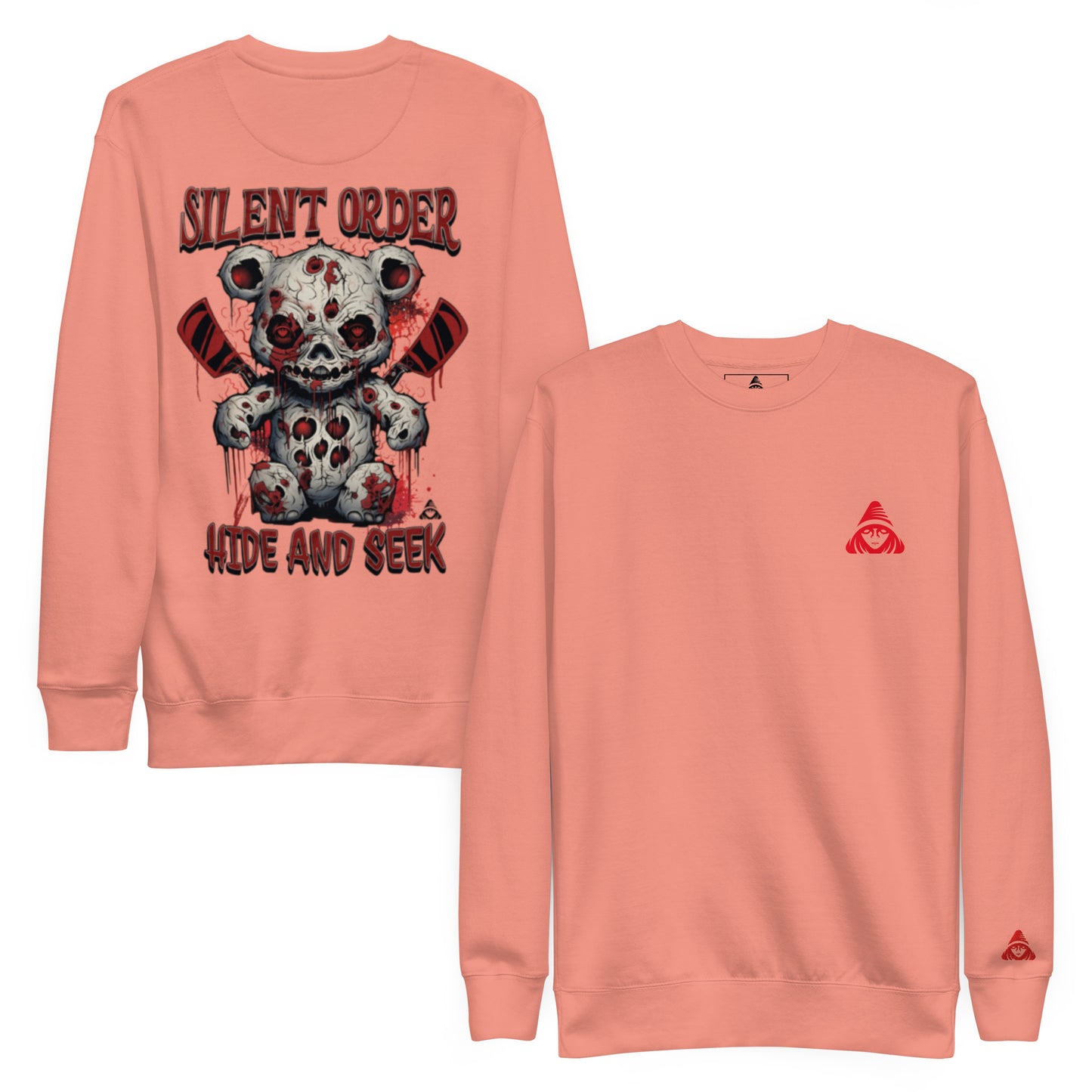 Peach-colored sweatshirt with graphic design and brand logo on a white background