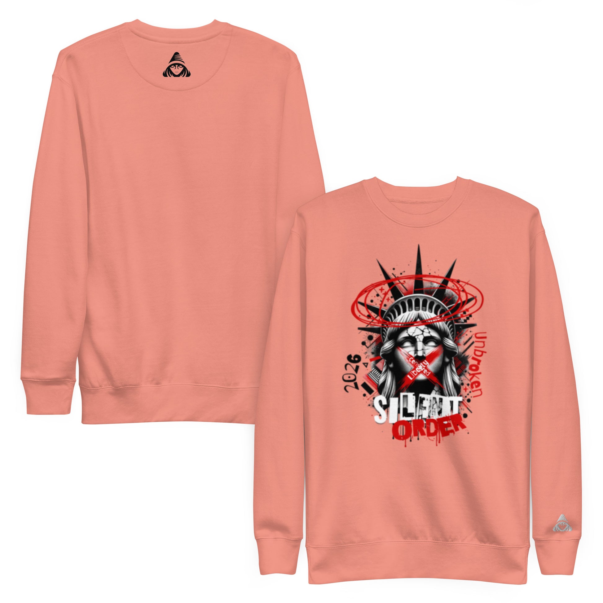 Peach sweatshirt with graphic design of a stylized Statue of Liberty and text on a white background