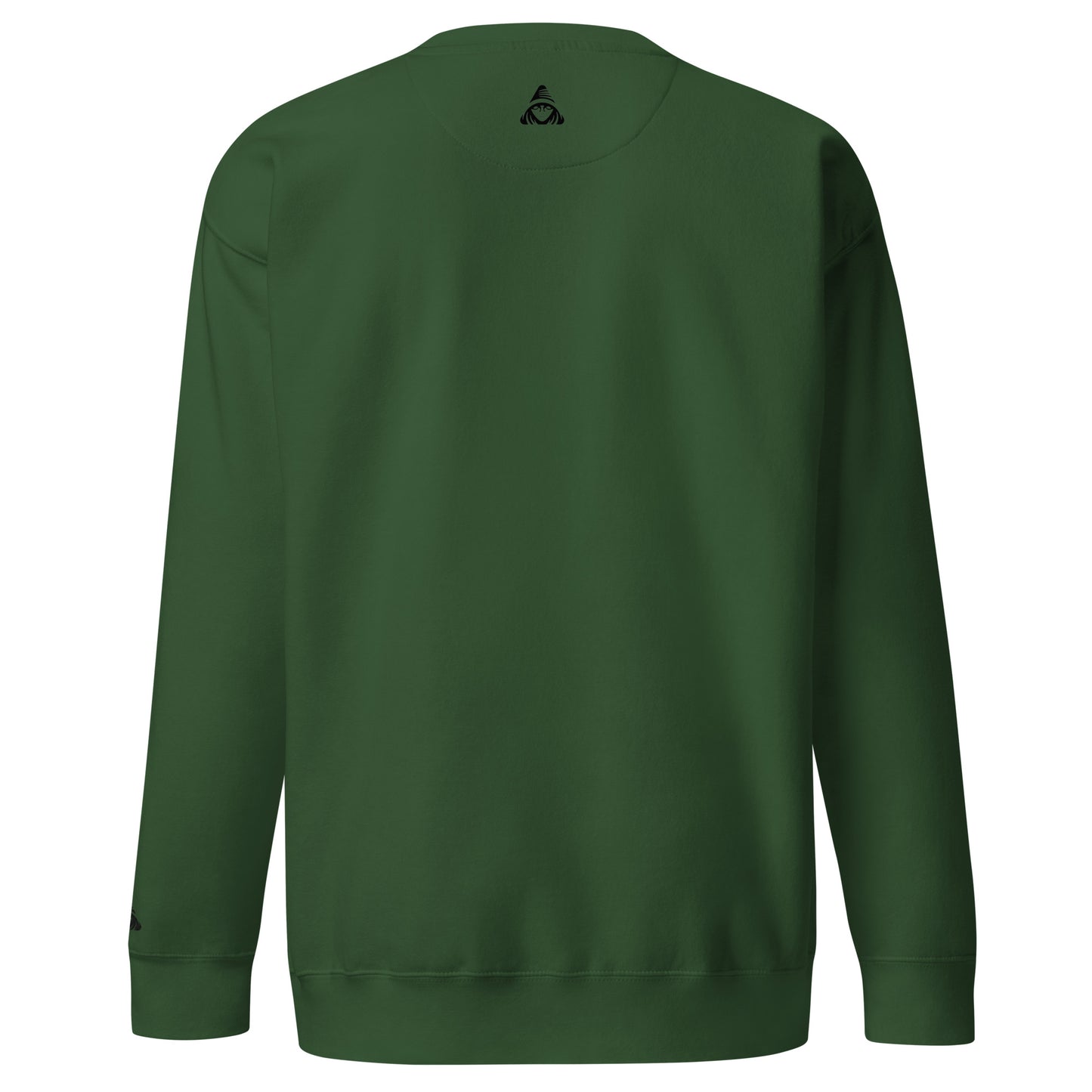 Green sweatshirt with a logo on the back against a white background