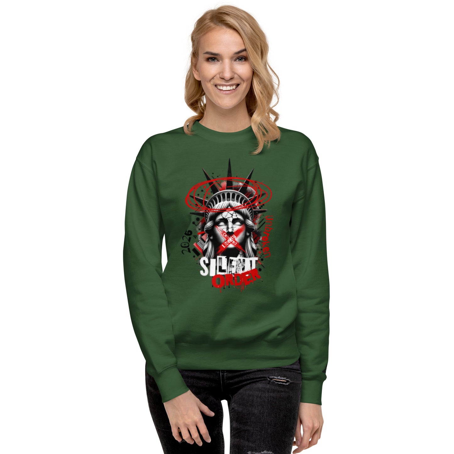Person wearing a green sweatshirt with a graphic design on a white background