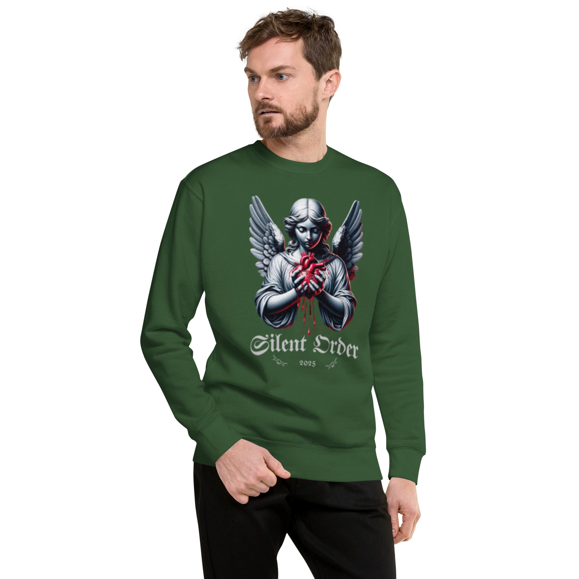 Man wearing a green sweatshirt with a graphic design on a white background