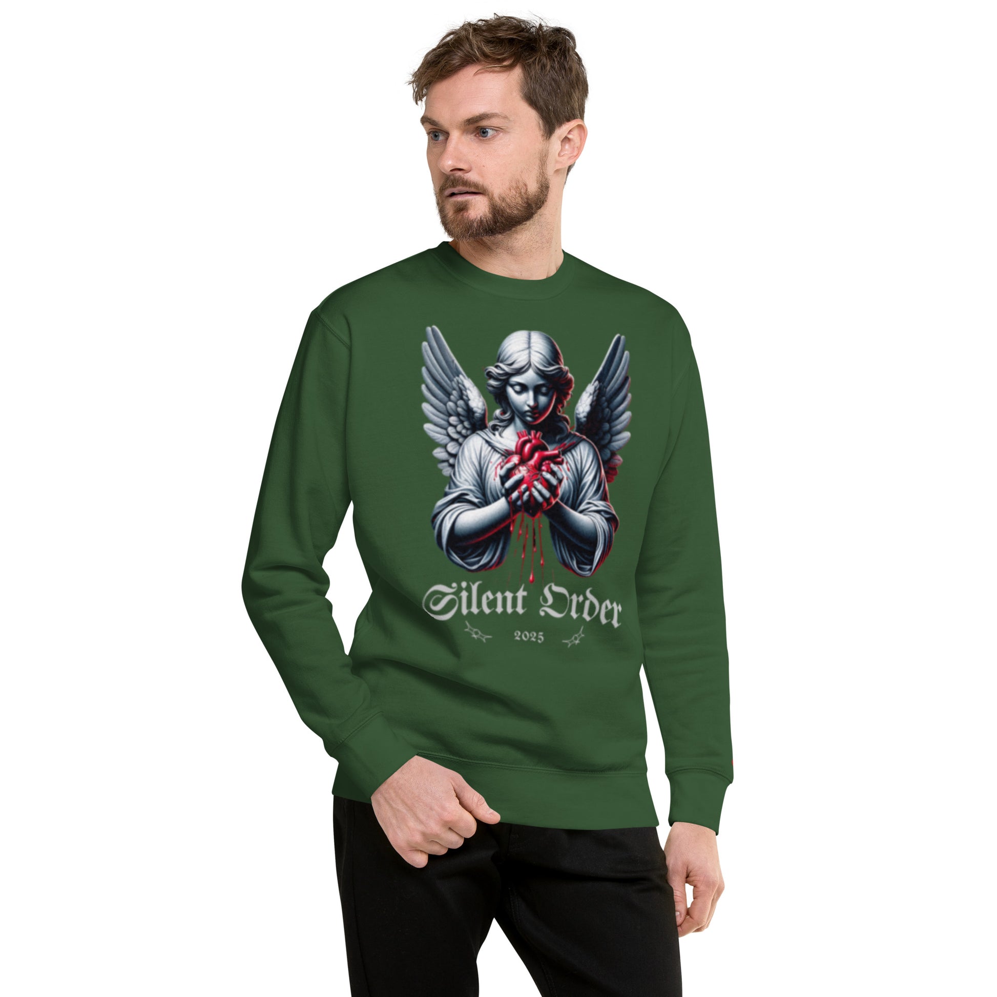 Man wearing a green sweatshirt with a graphic design on a white background