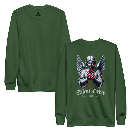 Green sweatshirt with a graphic design on the front, displayed on a white background.
